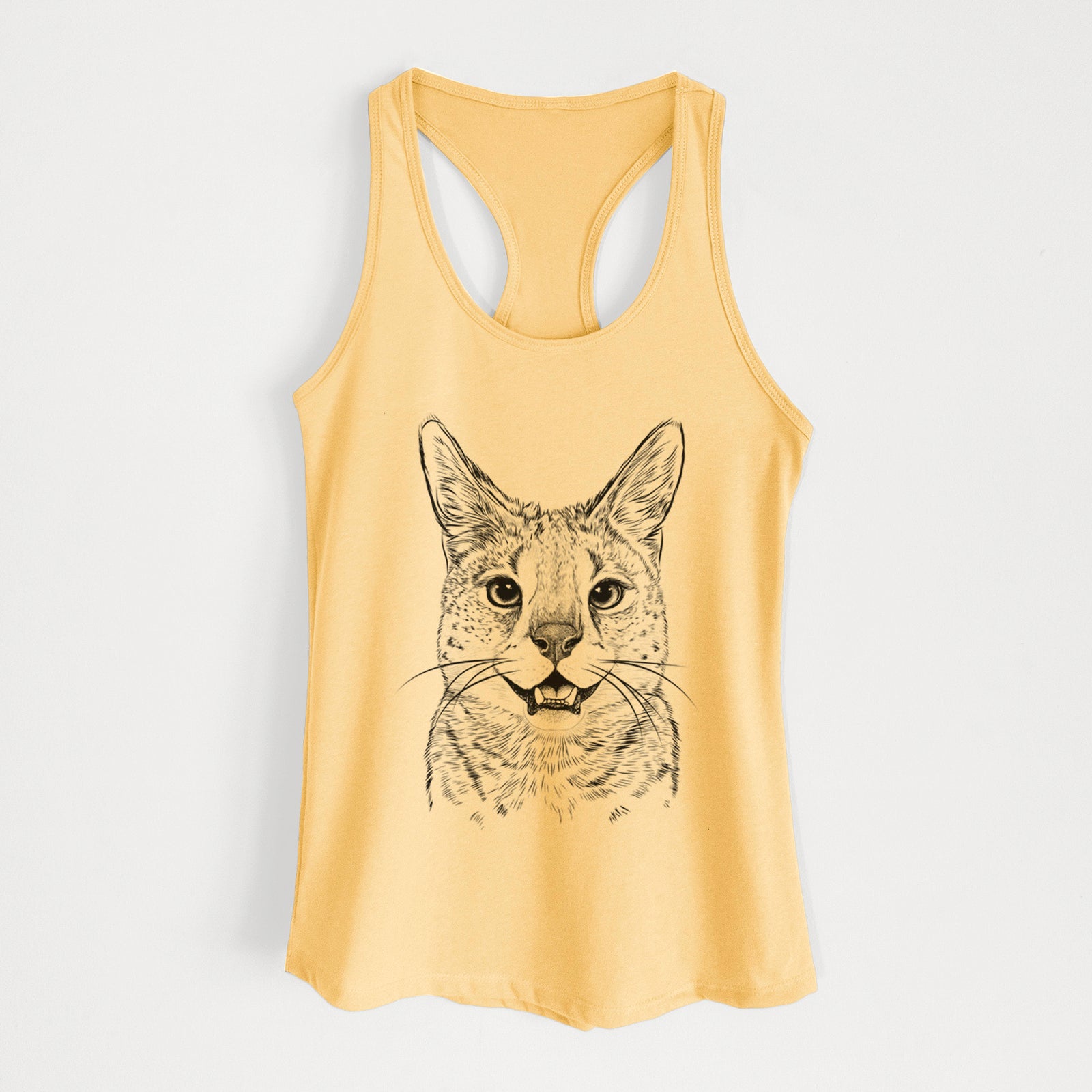 Hand-drawn sketch of Lucky the Serval Cat on a Banana Cream Women's racerback tanktop