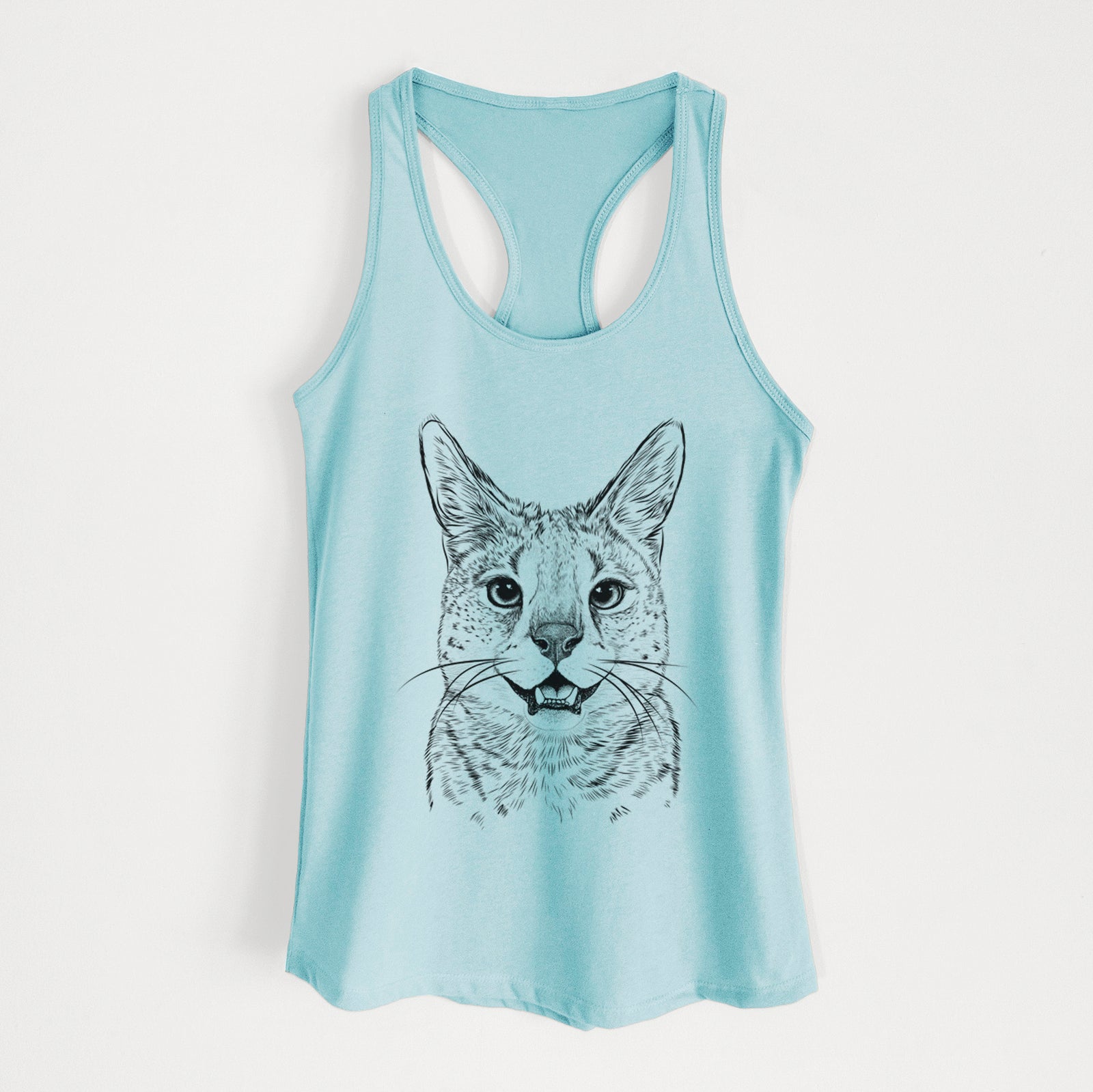 Hand-drawn sketch of Lucky the Serval Cat on a Cancun Blue Women's racerback tanktop