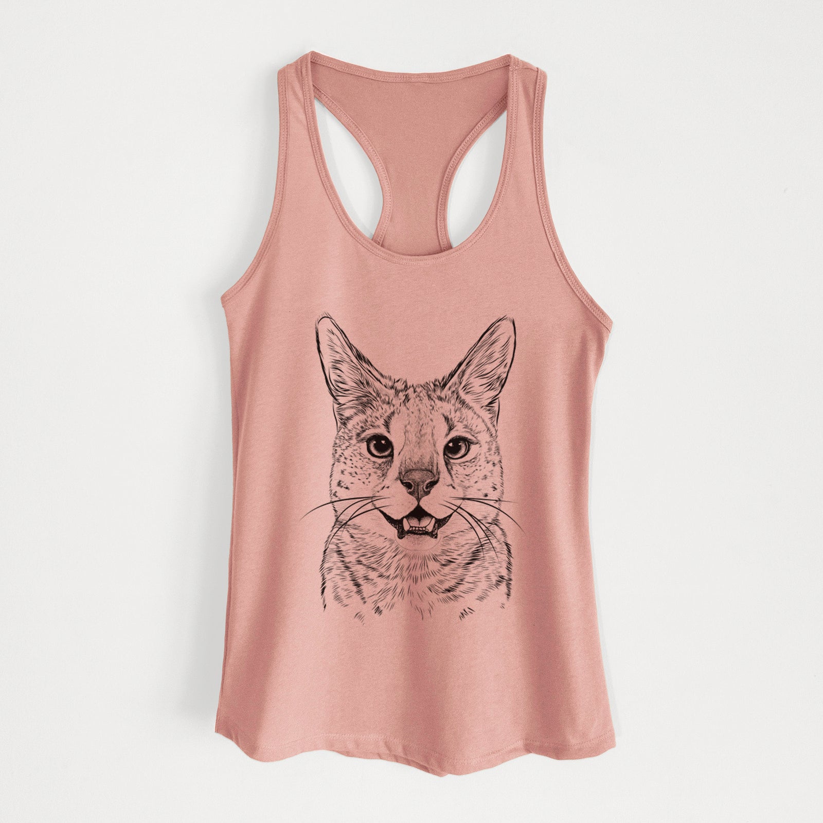 Hand-drawn sketch of Lucky the Serval Cat on a Desert Pink Women's racerback tanktop
