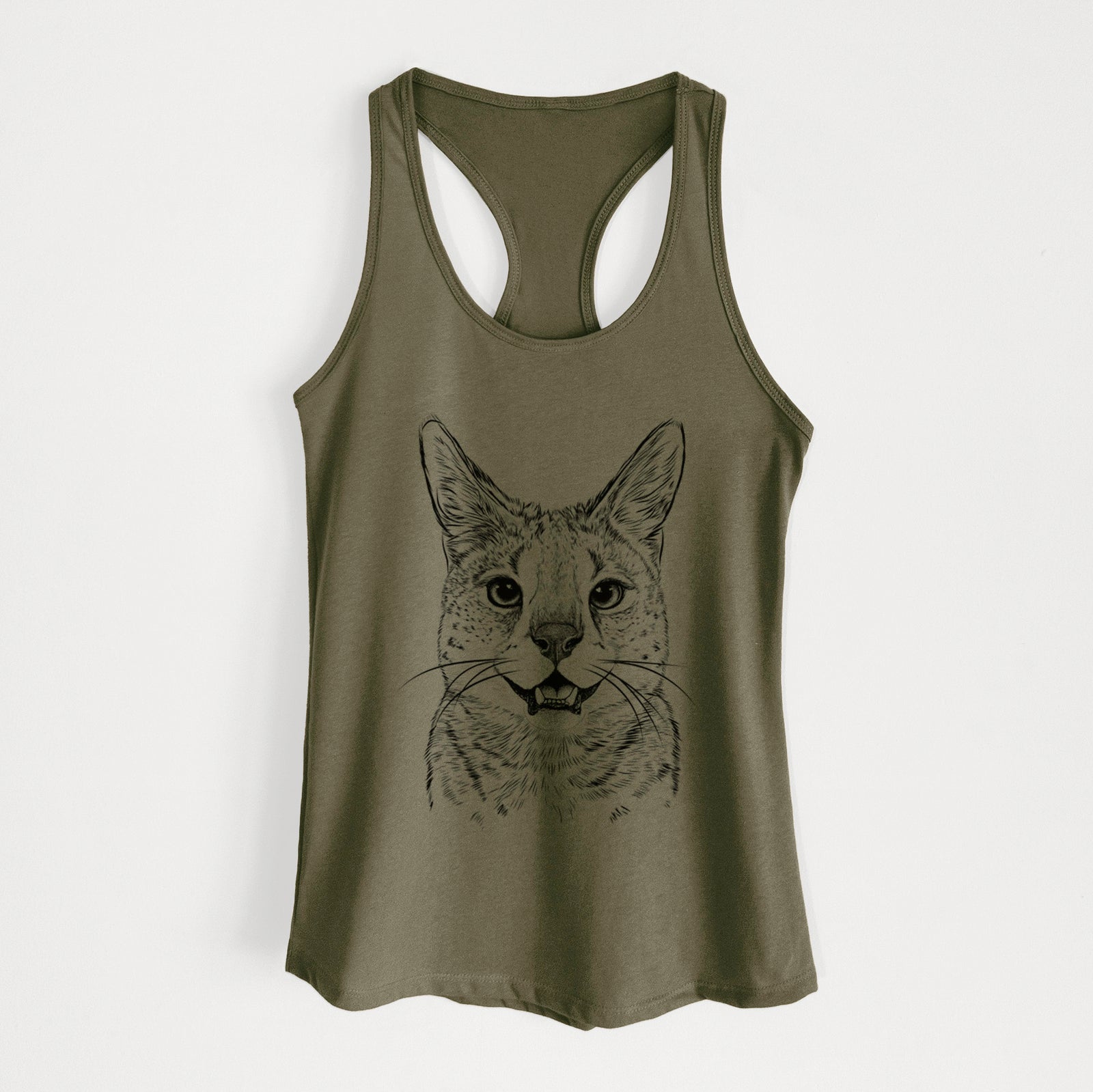 Hand-drawn sketch of Lucky the Serval Cat on a Military Green Women's racerback tanktop