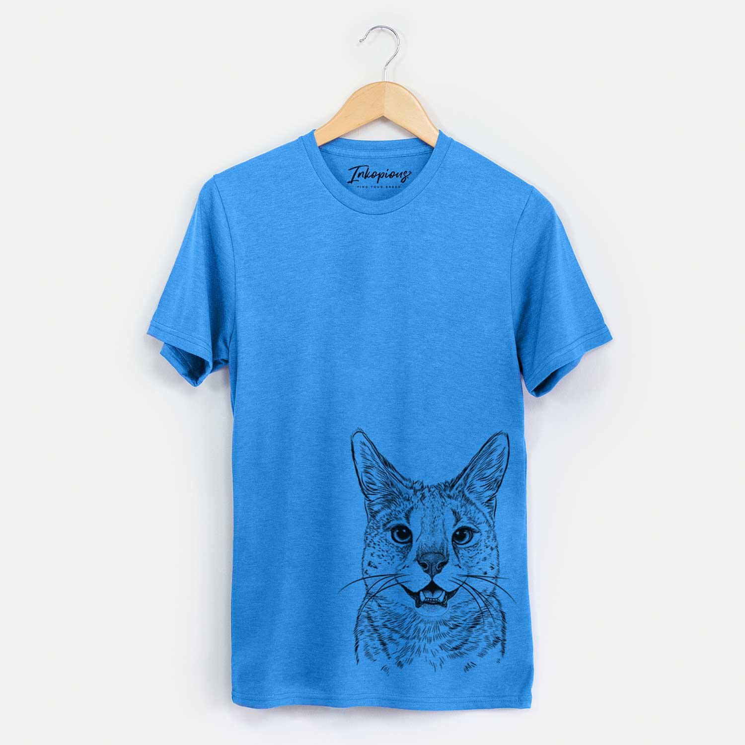 Hand-drawn sketch of Lucky the Serval Cat on a Blue Unisex crewneck