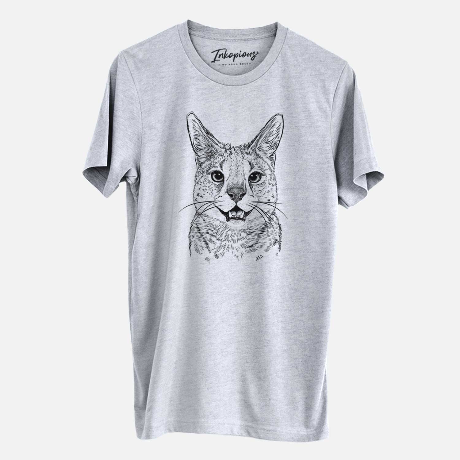 Hand-drawn sketch of Lucky the Serval Cat on a Grey Unisex crewneck