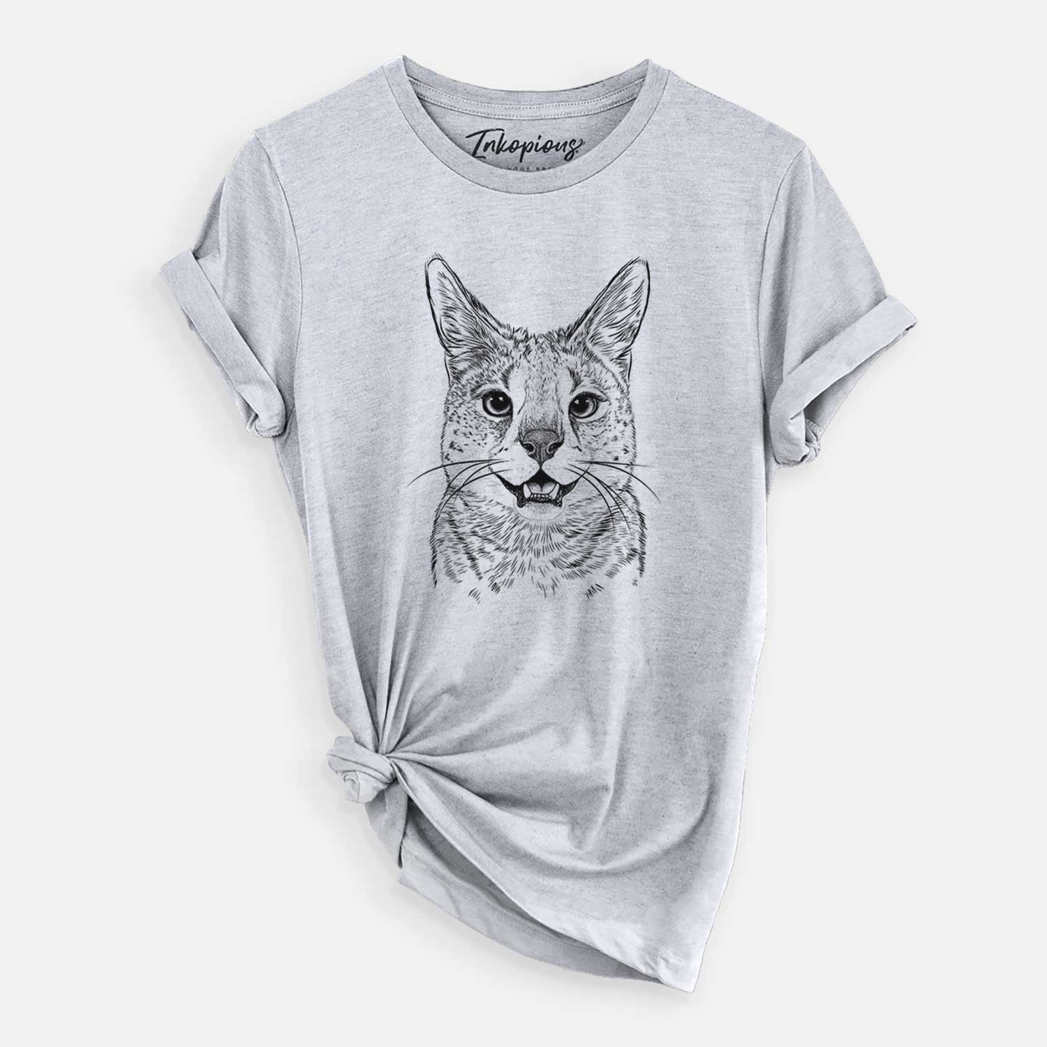 Hand-drawn sketch of Lucky the Serval Cat on a Grey Unisex crewneck