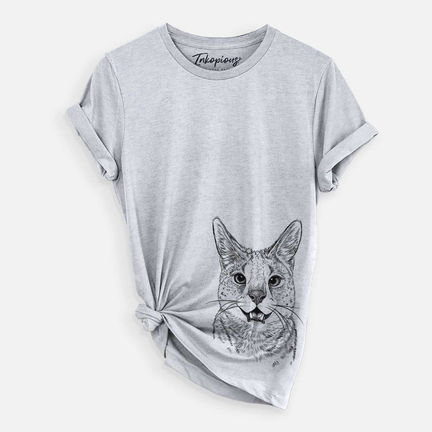 Hand-drawn sketch of Lucky the Serval Cat on a Grey Unisex crewneck