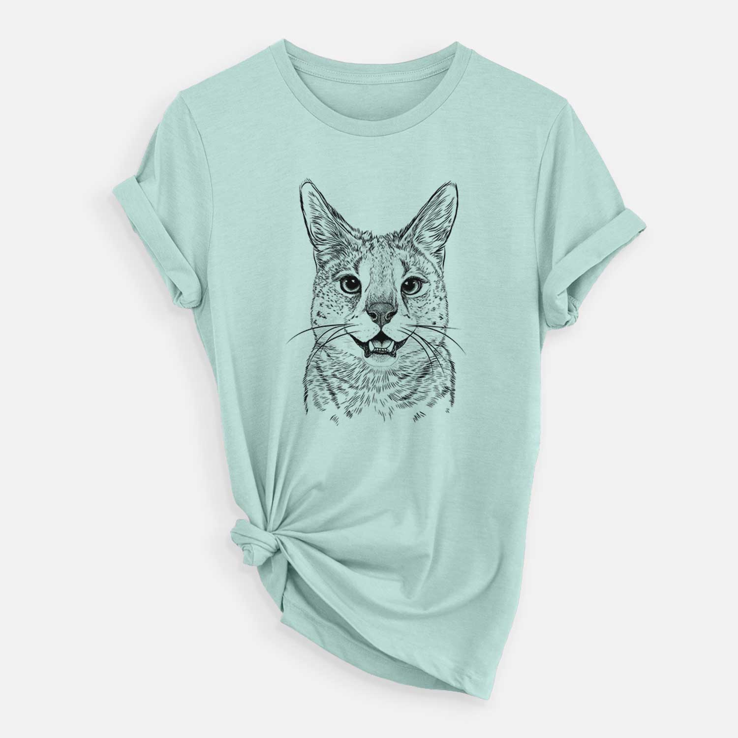 Hand-drawn sketch of Lucky the Serval Cat on a Heather Sage Unisex crewneck