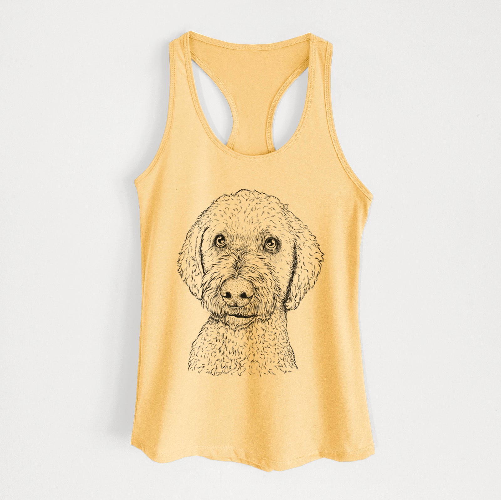 Hand-drawn sketch of Lucy Boo the Goldendoodle on a Banana Cream Women's racerback tanktop