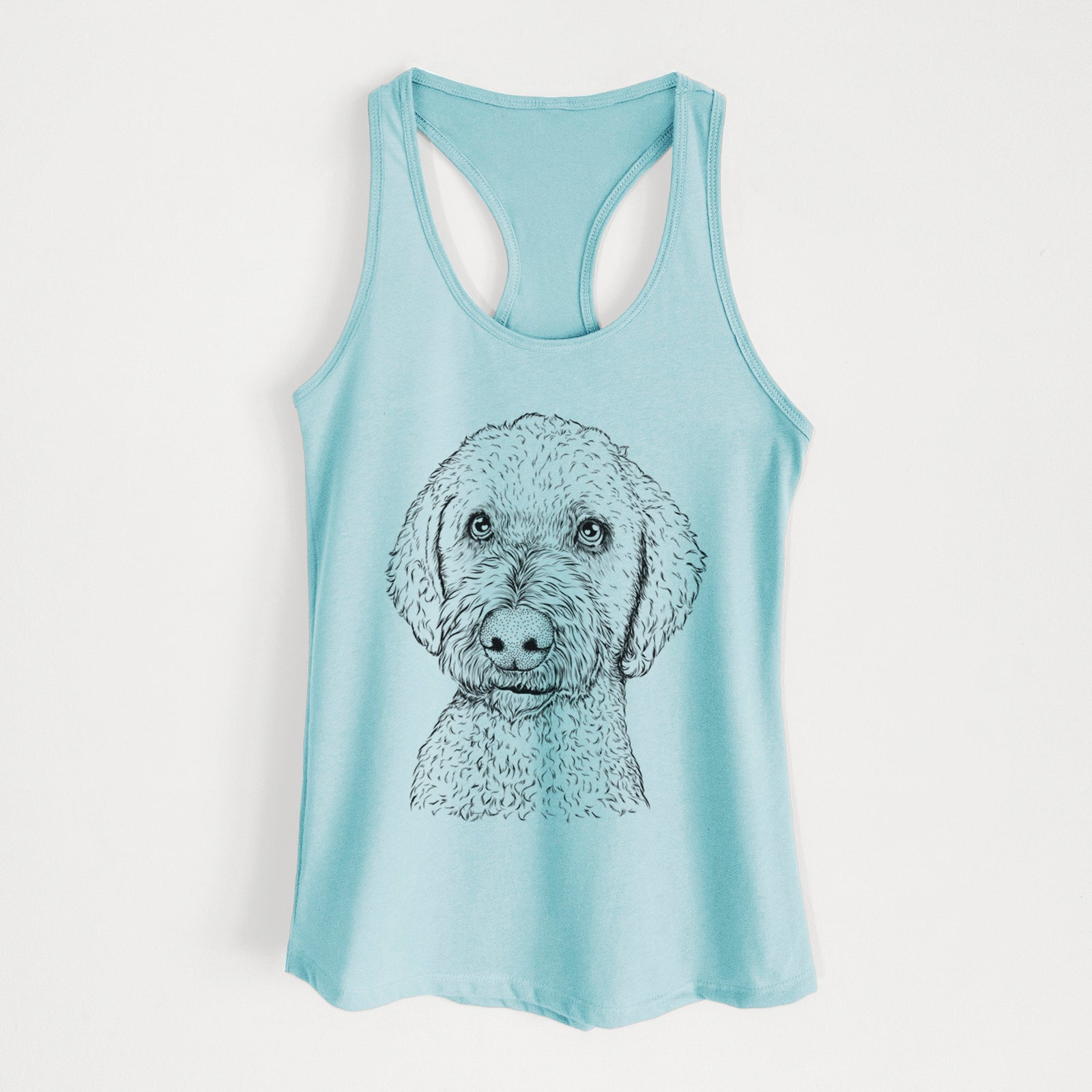 Hand-drawn sketch of Lucy Boo the Goldendoodle on a Cancun Blue Women's racerback tanktop