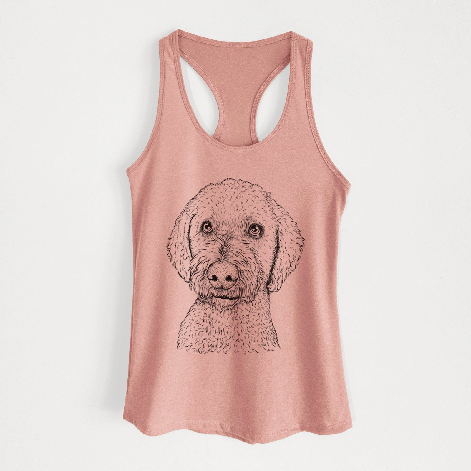 Hand-drawn sketch of Lucy Boo the Goldendoodle on a Desert Pink Women's racerback tanktop
