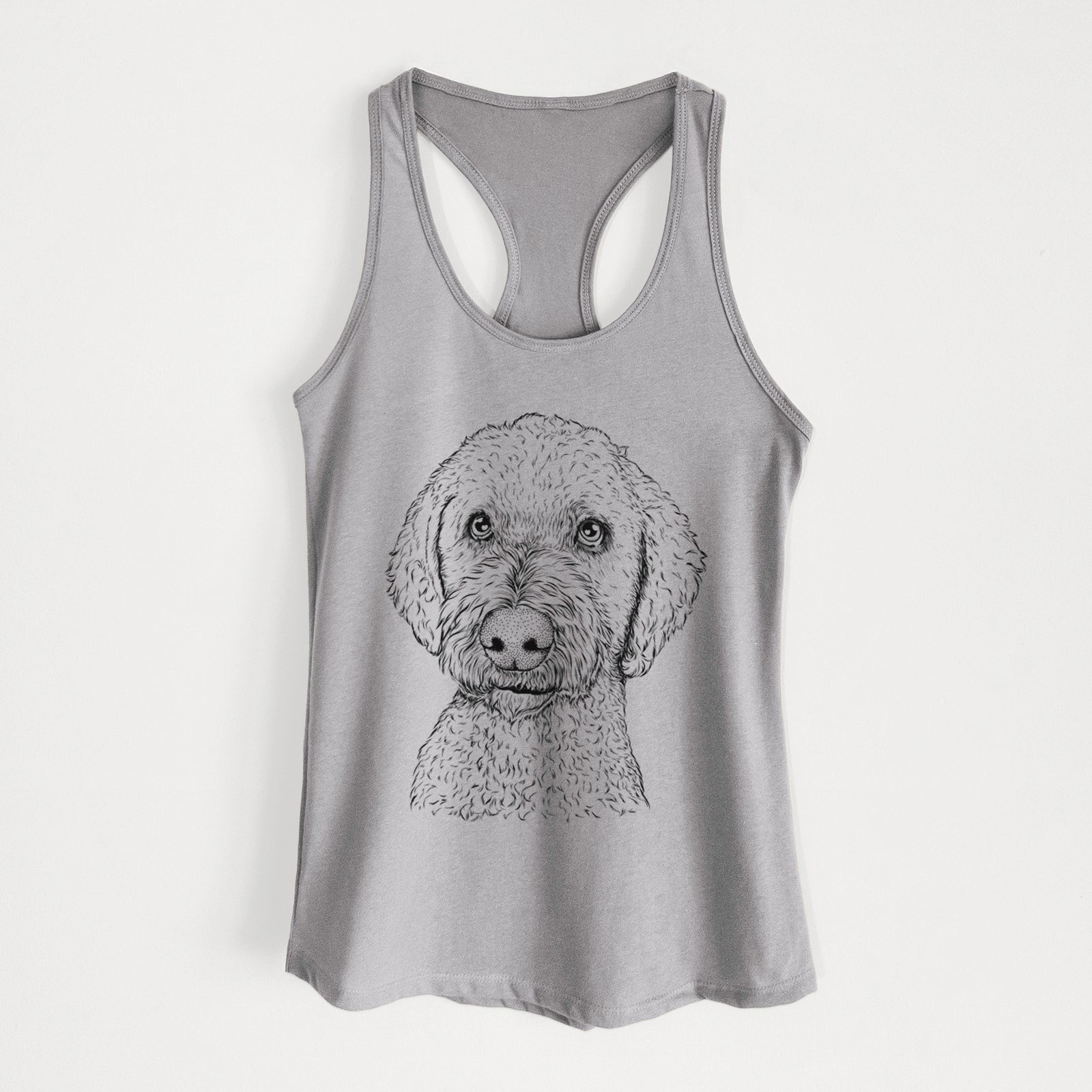 Hand-drawn sketch of Lucy Boo the Goldendoodle on a Heather Grey Women's racerback tanktop