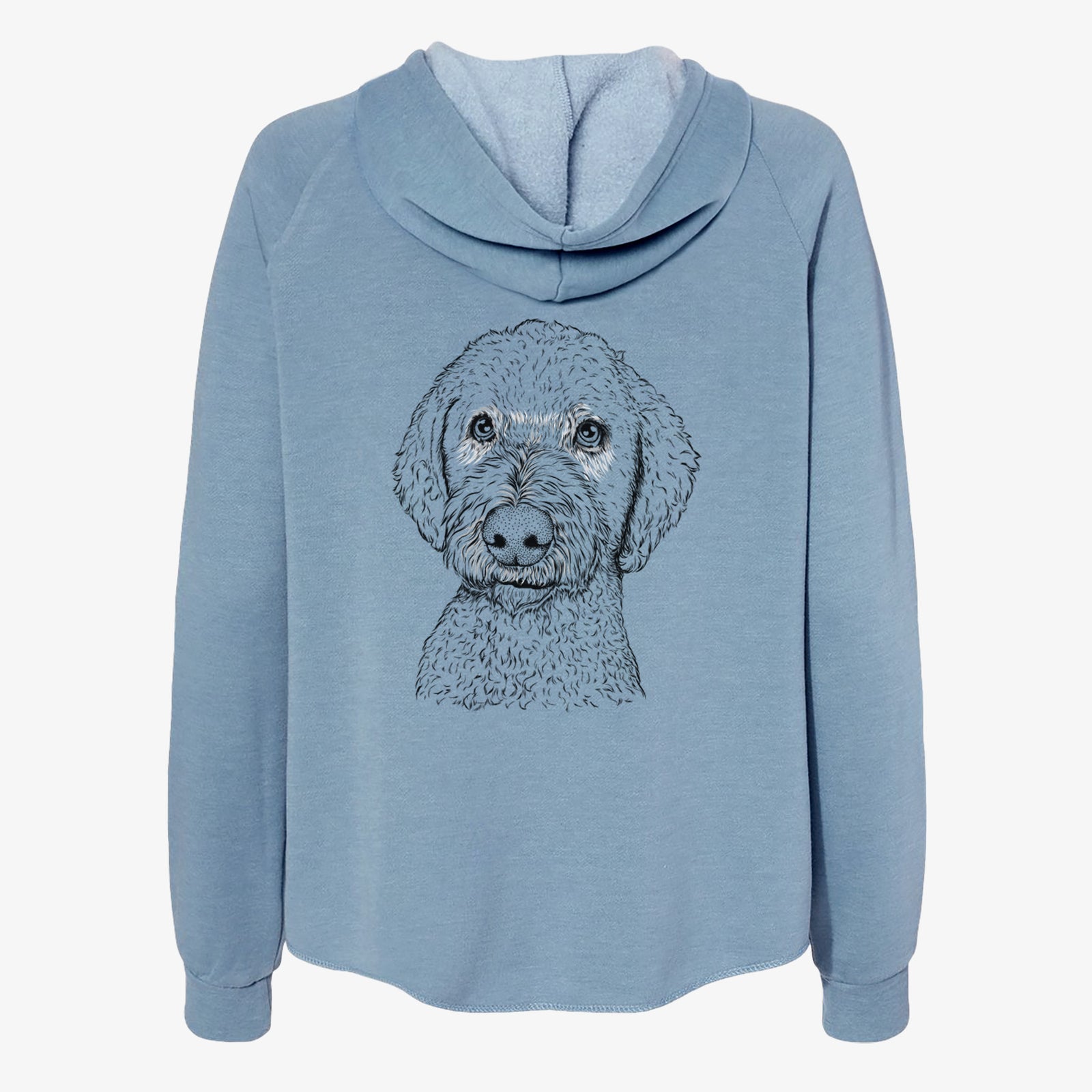 Hand-drawn sketch of Lucy Boo the Goldendoodle on a Misty Blue Women's cali wave zip-up sweatshirt