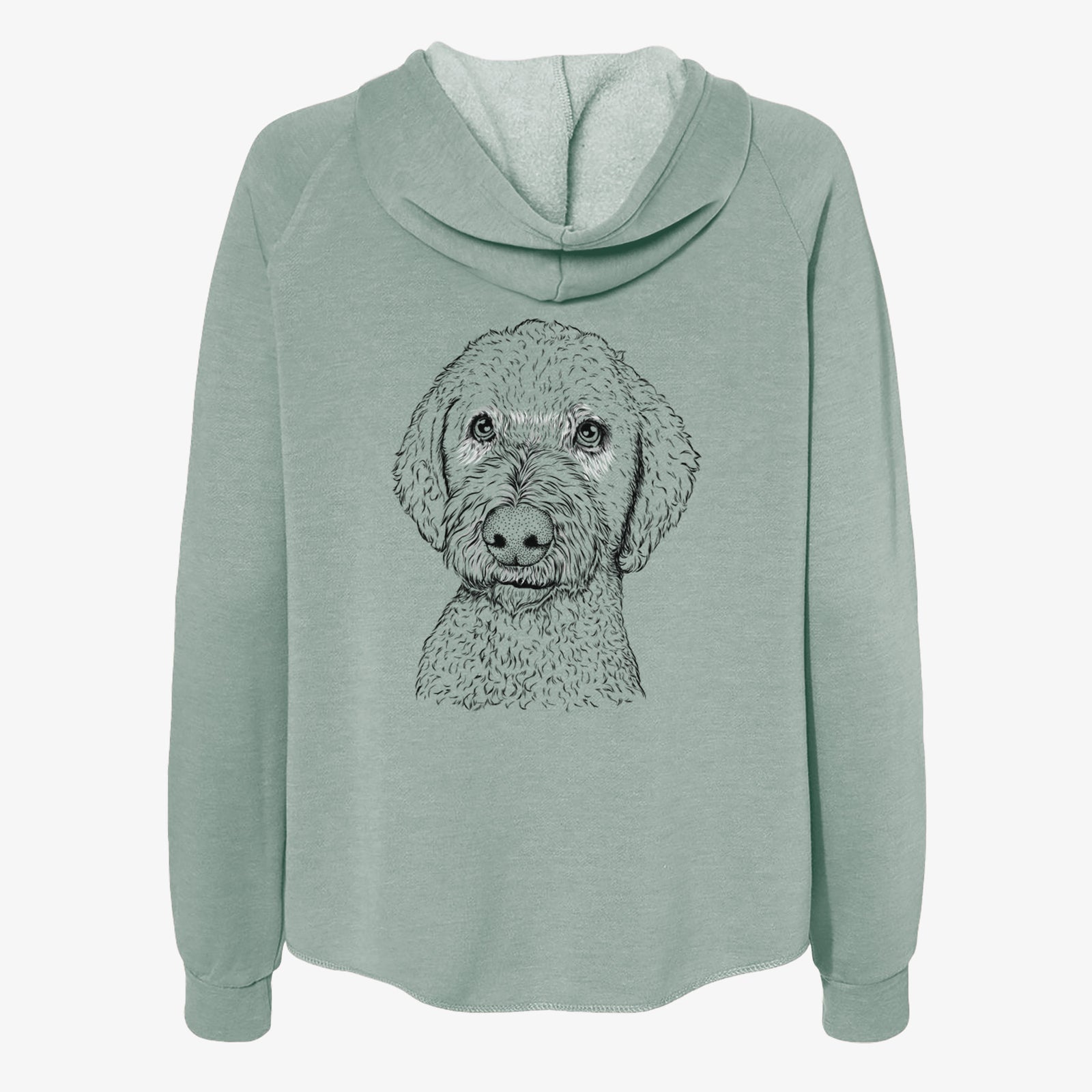 Hand-drawn sketch of Lucy Boo the Goldendoodle on a Sage Women's cali wave zip-up sweatshirt
