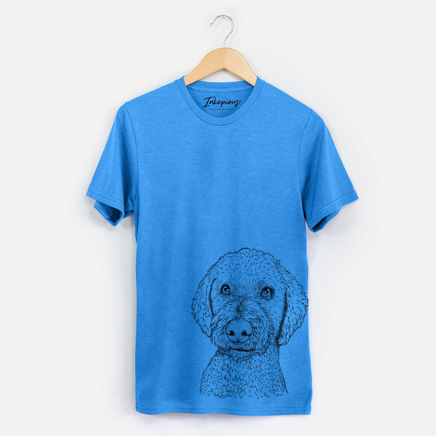 Hand-drawn sketch of Lucy Boo the Goldendoodle on a Blue Unisex crewneck