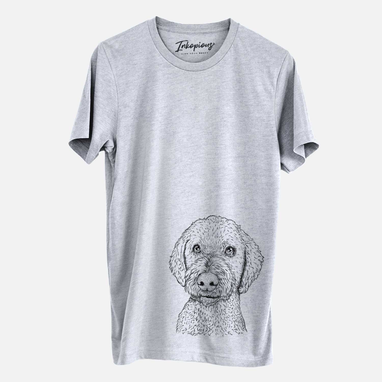 Hand-drawn sketch of Lucy Boo the Goldendoodle on a Grey Unisex crewneck