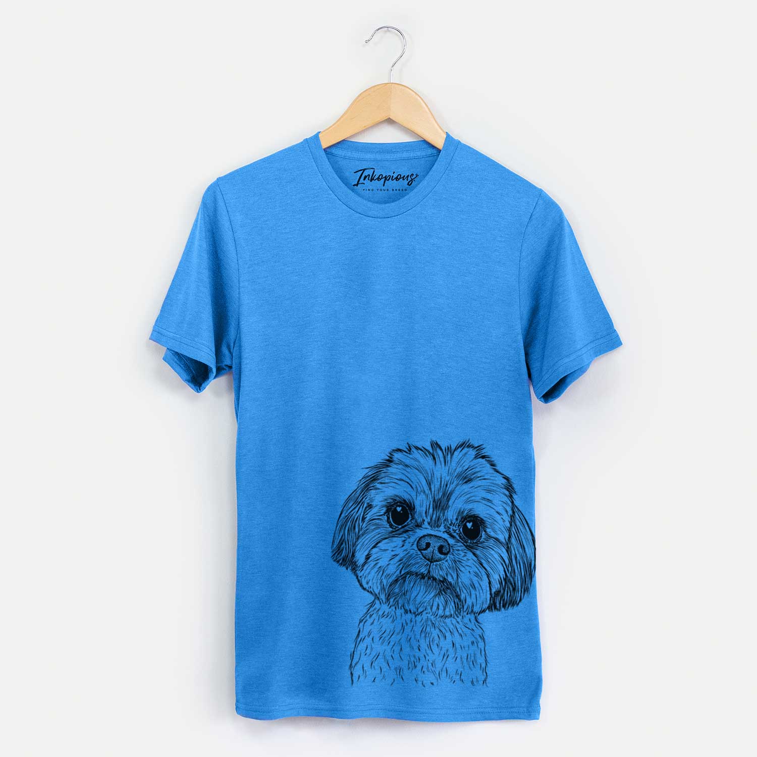 Hand-drawn sketch of Lucy the Shorkie on a Blue Unisex crewneck