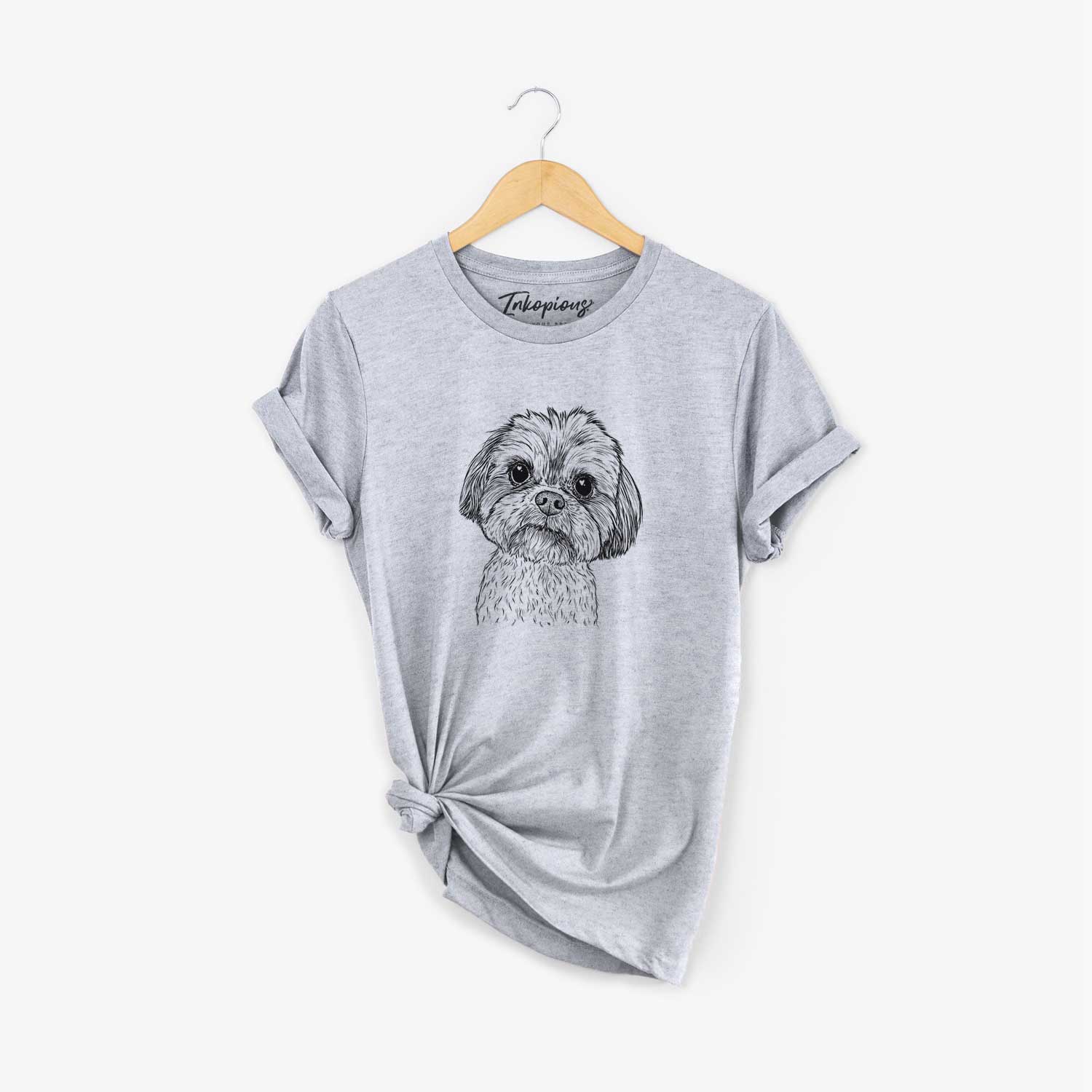 Hand-drawn sketch of Lucy the Shorkie on a Grey Unisex crewneck
