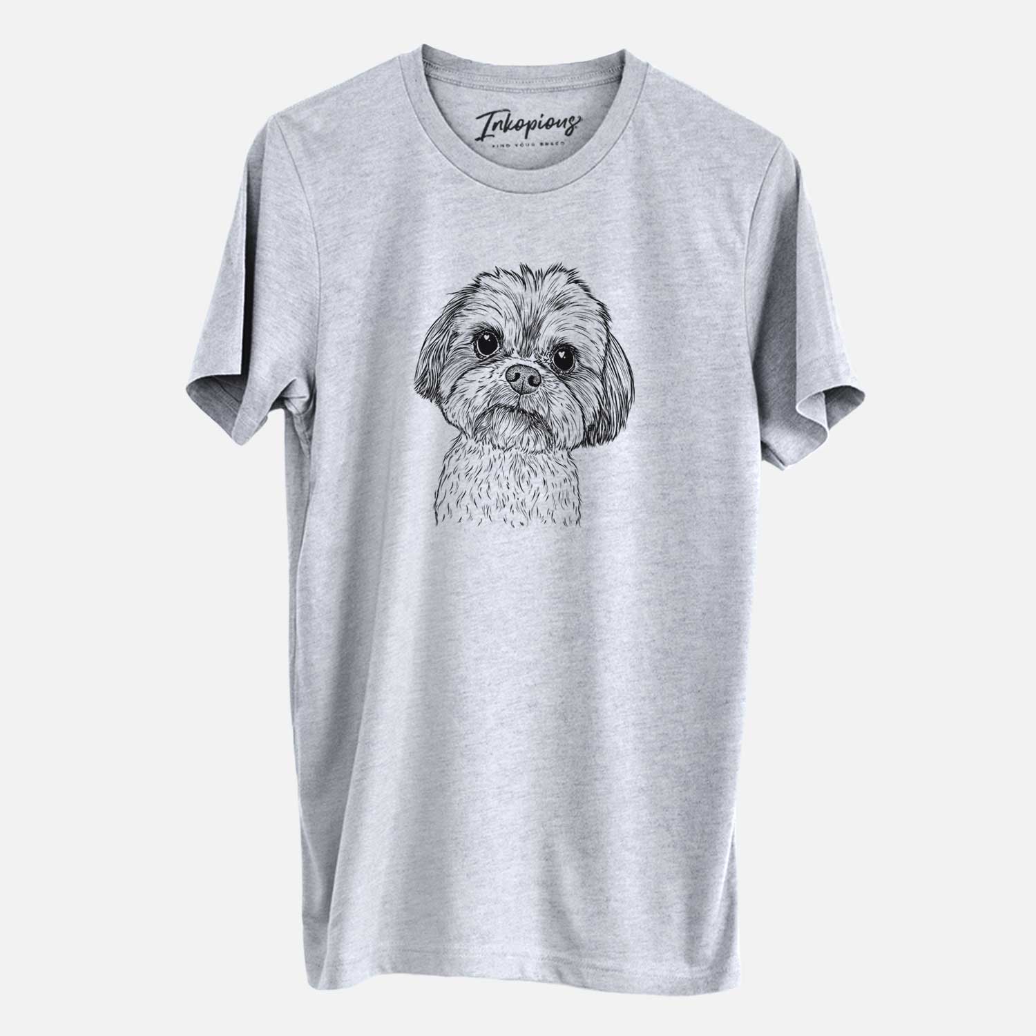 Hand-drawn sketch of Lucy the Shorkie on a Grey Unisex crewneck