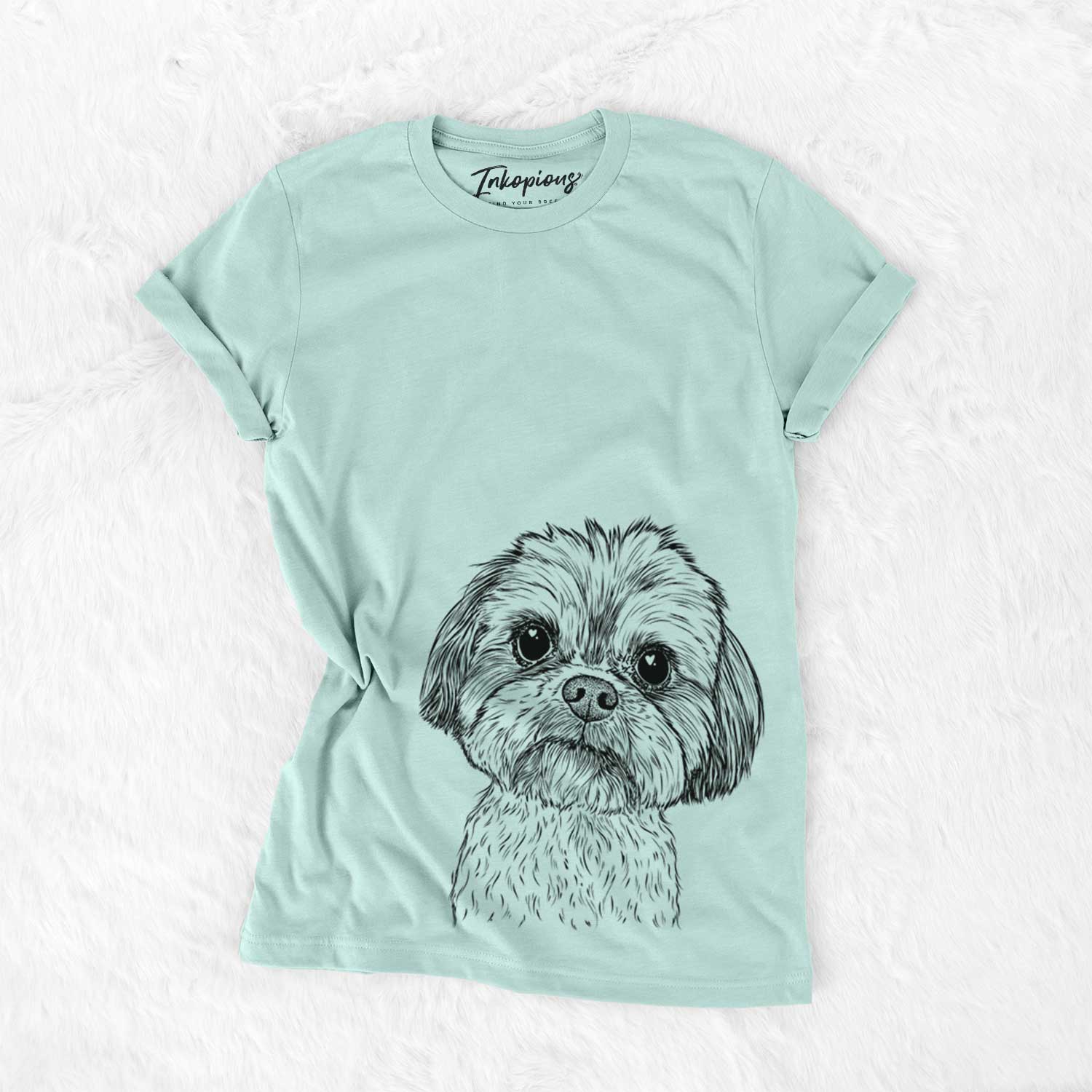 Hand-drawn sketch of Lucy the Shorkie on a Heather Sage Bella Canvas Unisex Crewneck