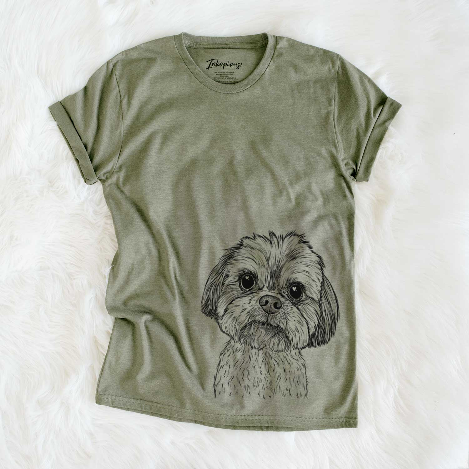 Hand-drawn sketch of Lucy the Shorkie on an Olive Unisex crewneck