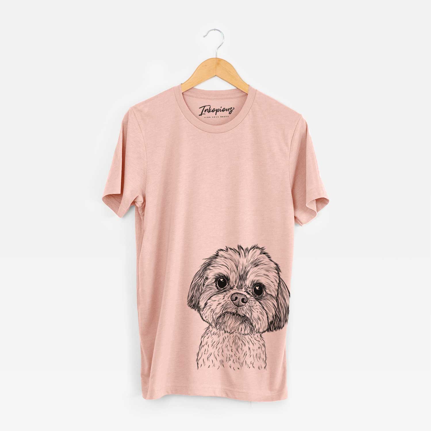 Hand-drawn sketch of Lucy the Shorkie on a Peach Unisex crewneck