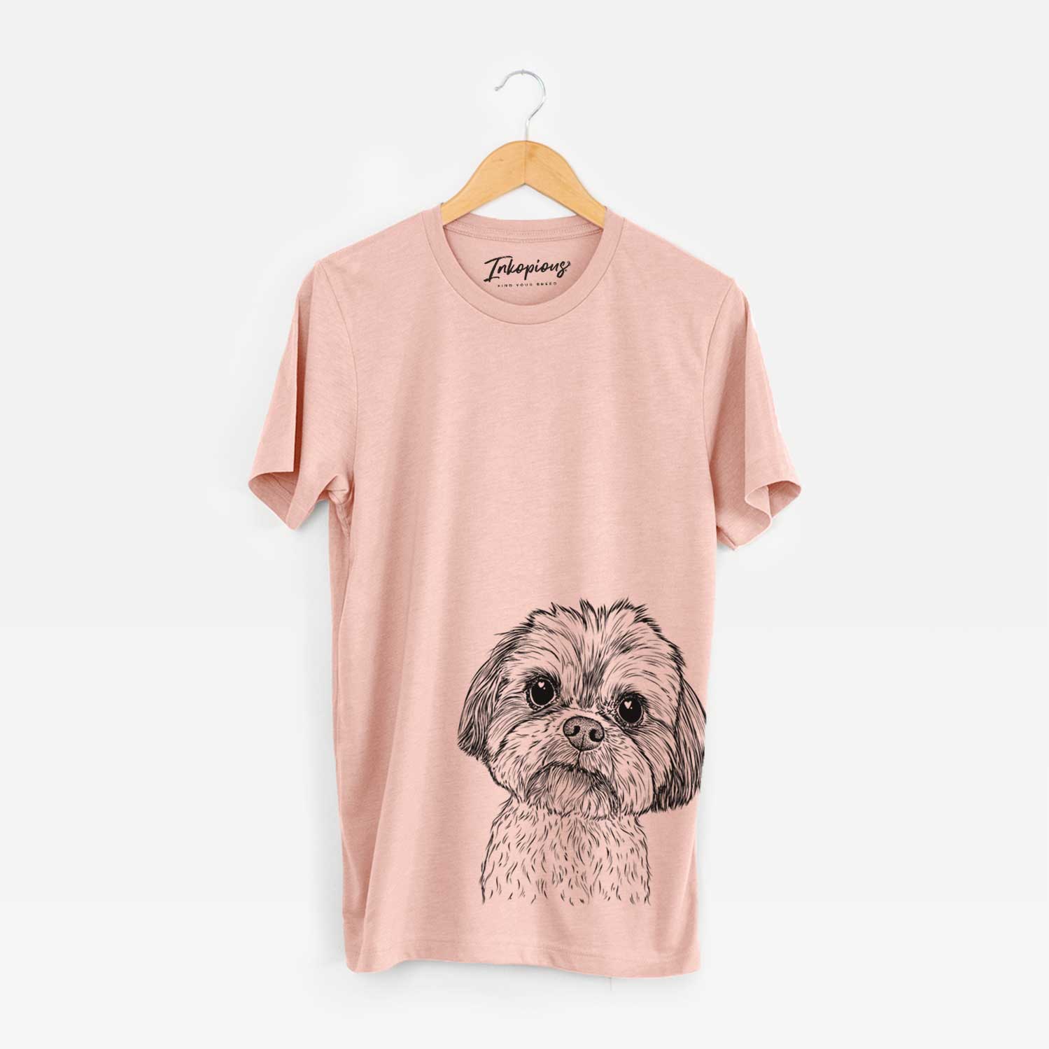 Hand-drawn sketch of Lucy the Shorkie on a Peach Bella Canvas Unisex Crewneck