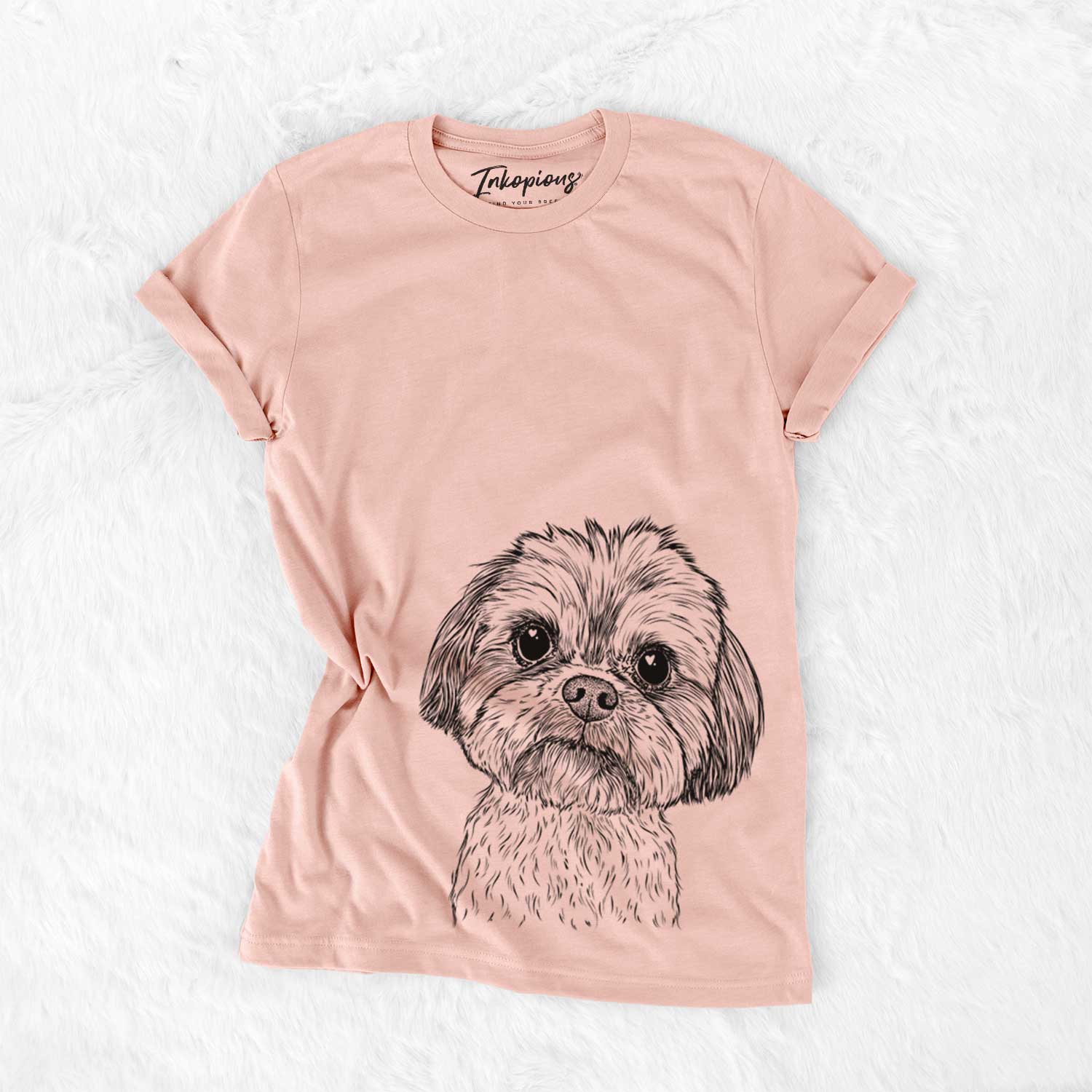 Hand-drawn sketch of Lucy the Shorkie on a Peach Bella Canvas Unisex Crewneck