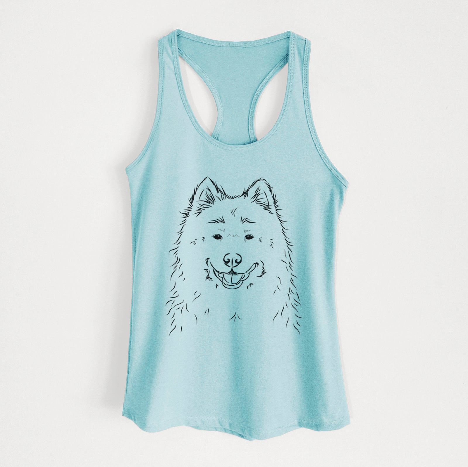 Hand-drawn sketch of Luka the Samoyed on a Cancun Blue Women's racerback tanktop