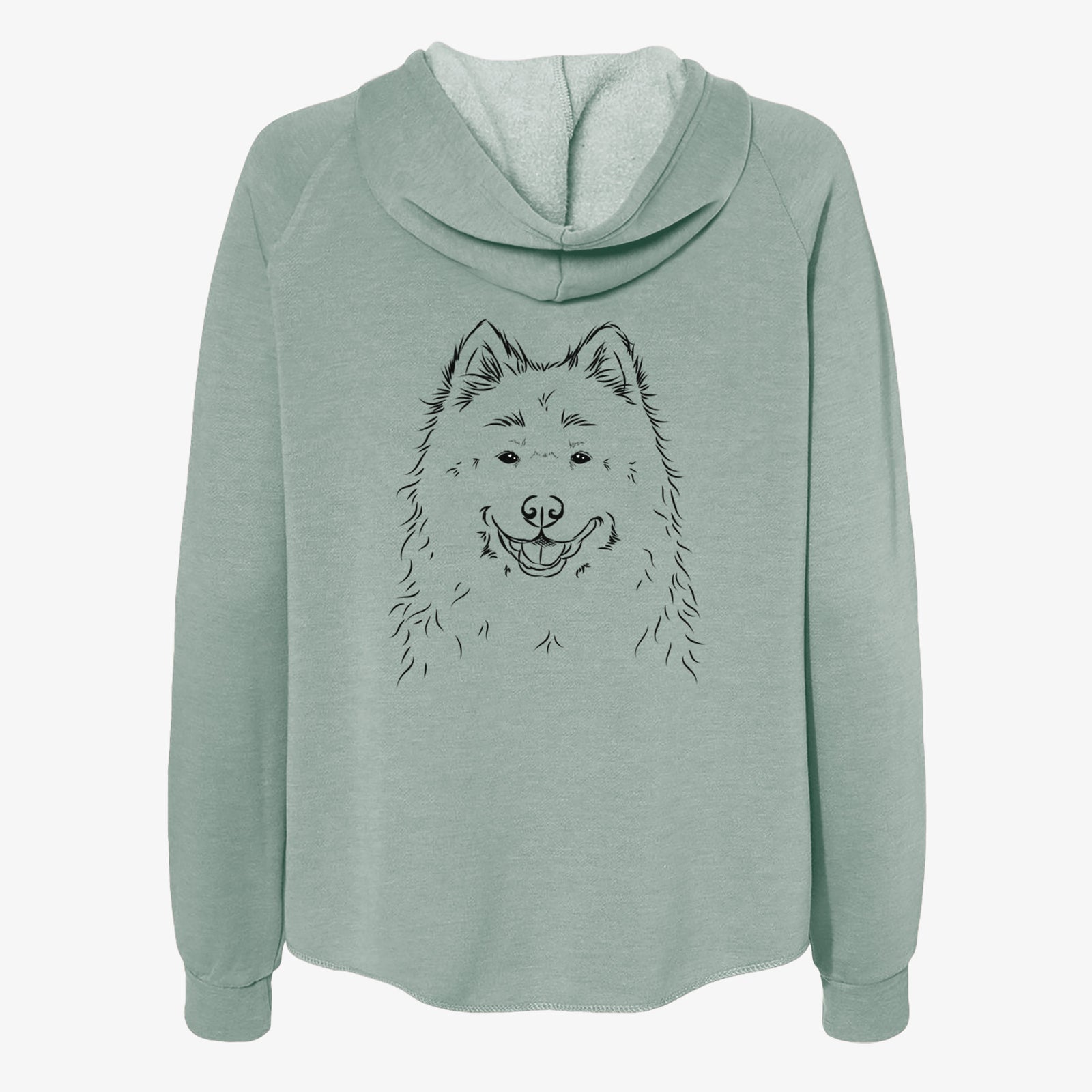 Hand-drawn sketch of Luka the Samoyed on a Sage Women's cali wave zip-up sweatshirt