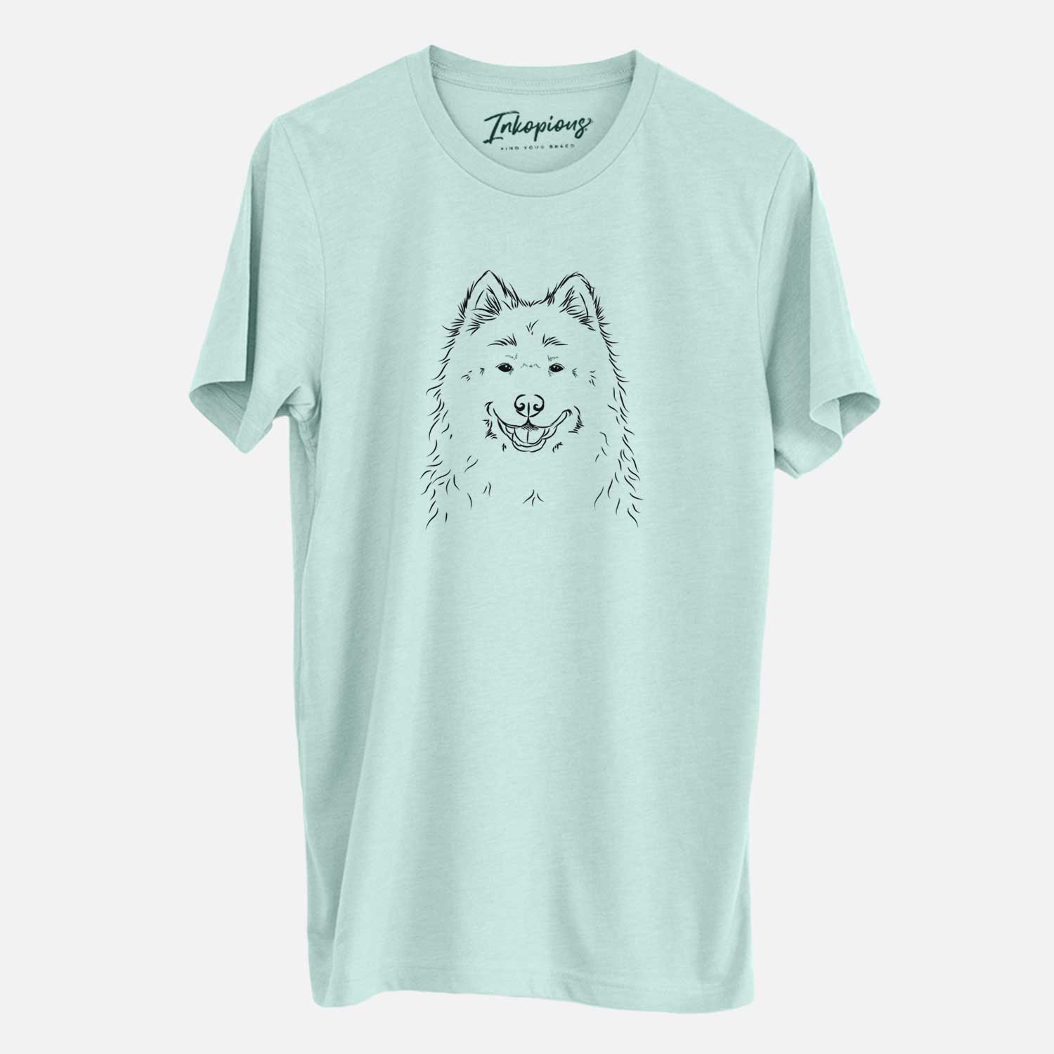 Hand-drawn sketch of Luka the Samoyed on a Heather Sage Unisex crewneck