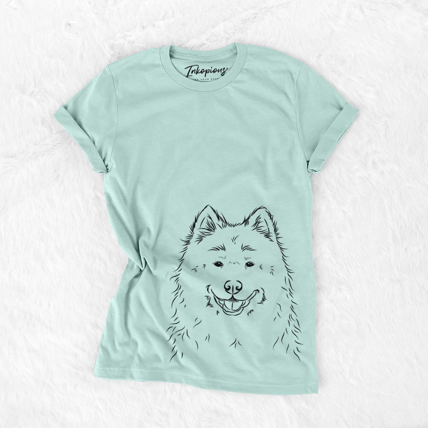 Hand-drawn sketch of Luka the Samoyed on a Heather Sage Unisex crewneck