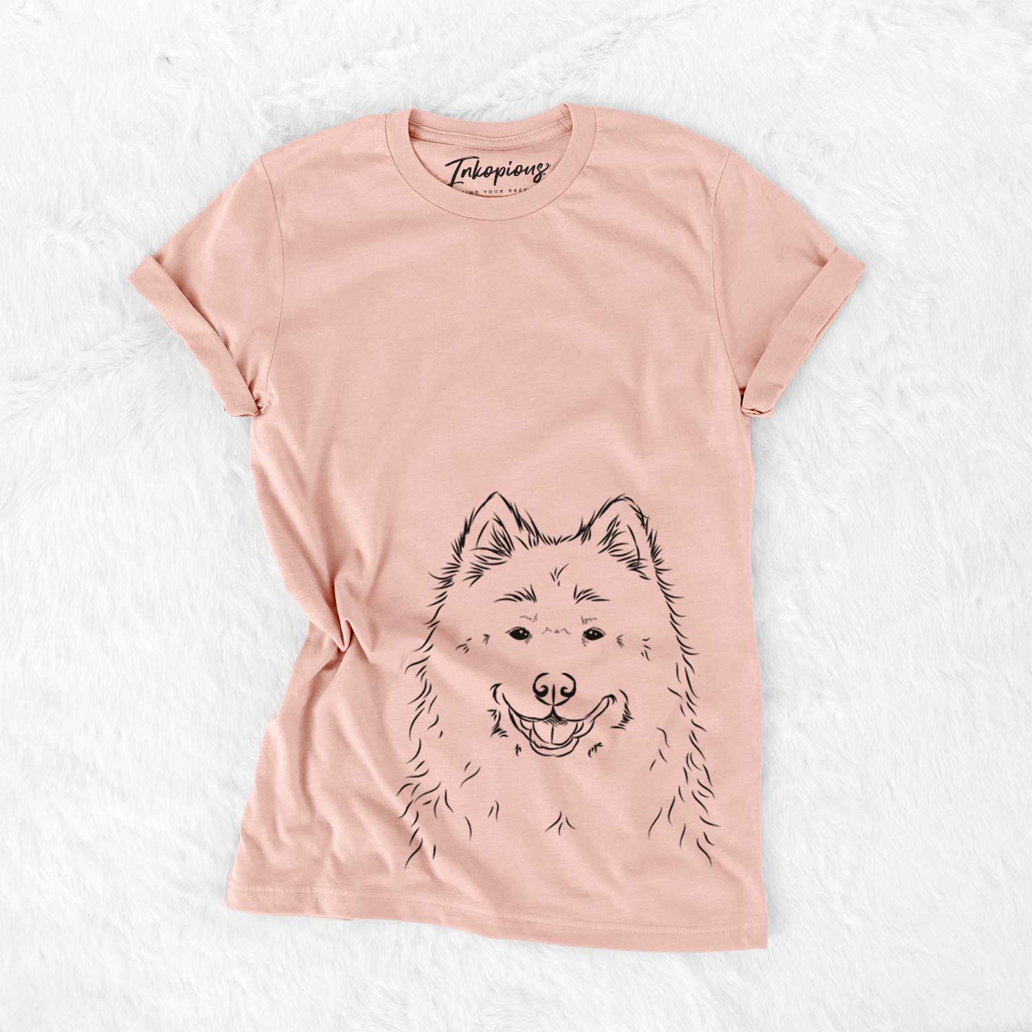 Hand-drawn sketch of Luka the Samoyed on a Peach Bella Canvas Unisex Crewneck
