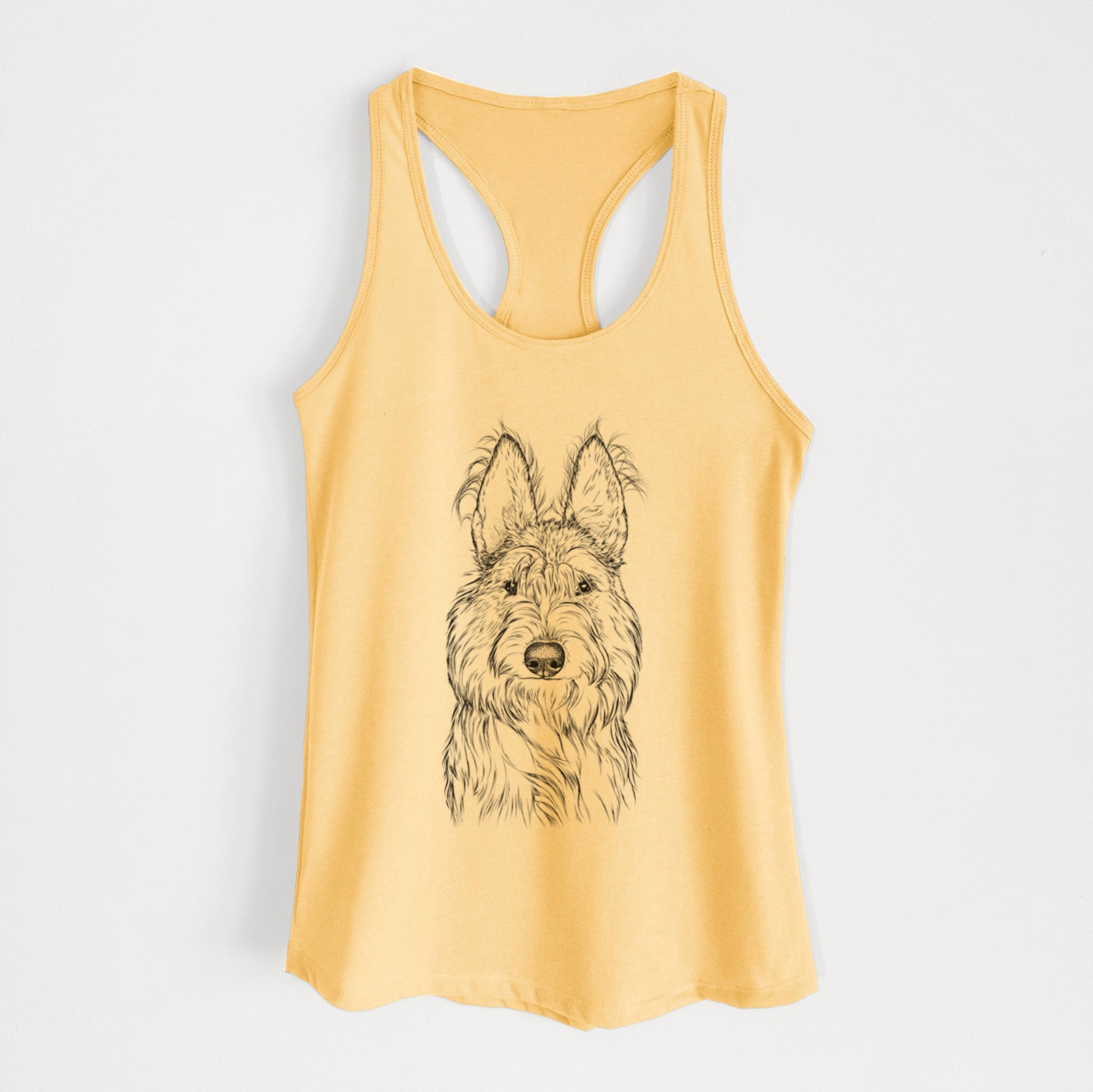 Hand-drawn sketch of Luna the Berger Picard on a Banana Cream Women's racerback tanktop