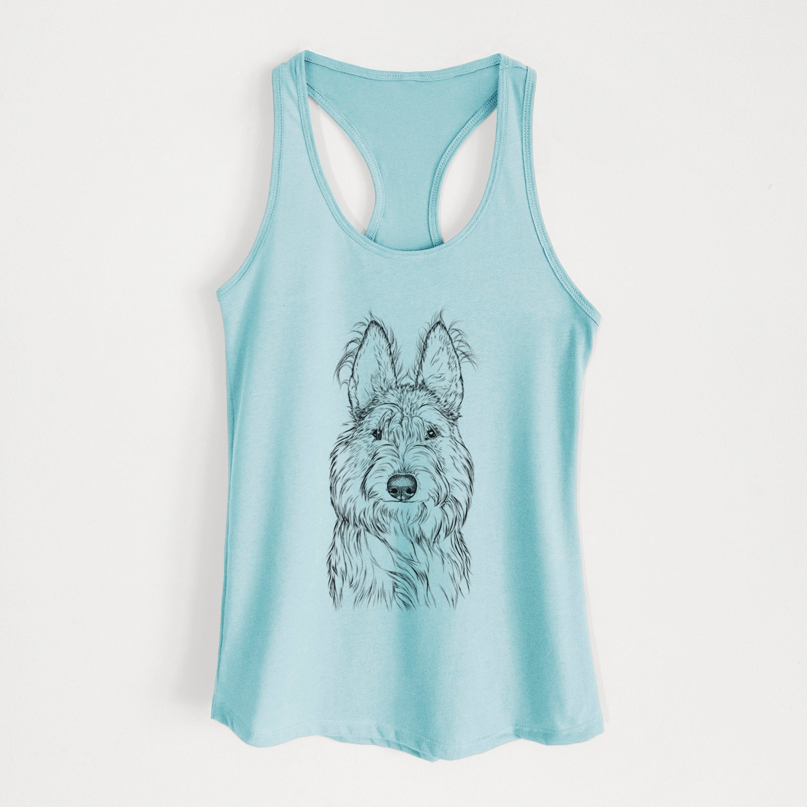 Hand-drawn sketch of Luna the Berger Picard on a Cancun Blue Women's racerback tanktop