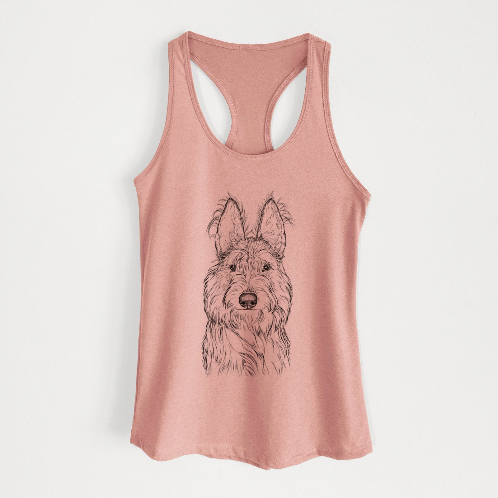 Hand-drawn sketch of Luna the Berger Picard on a Desert Pink Women's racerback tanktop
