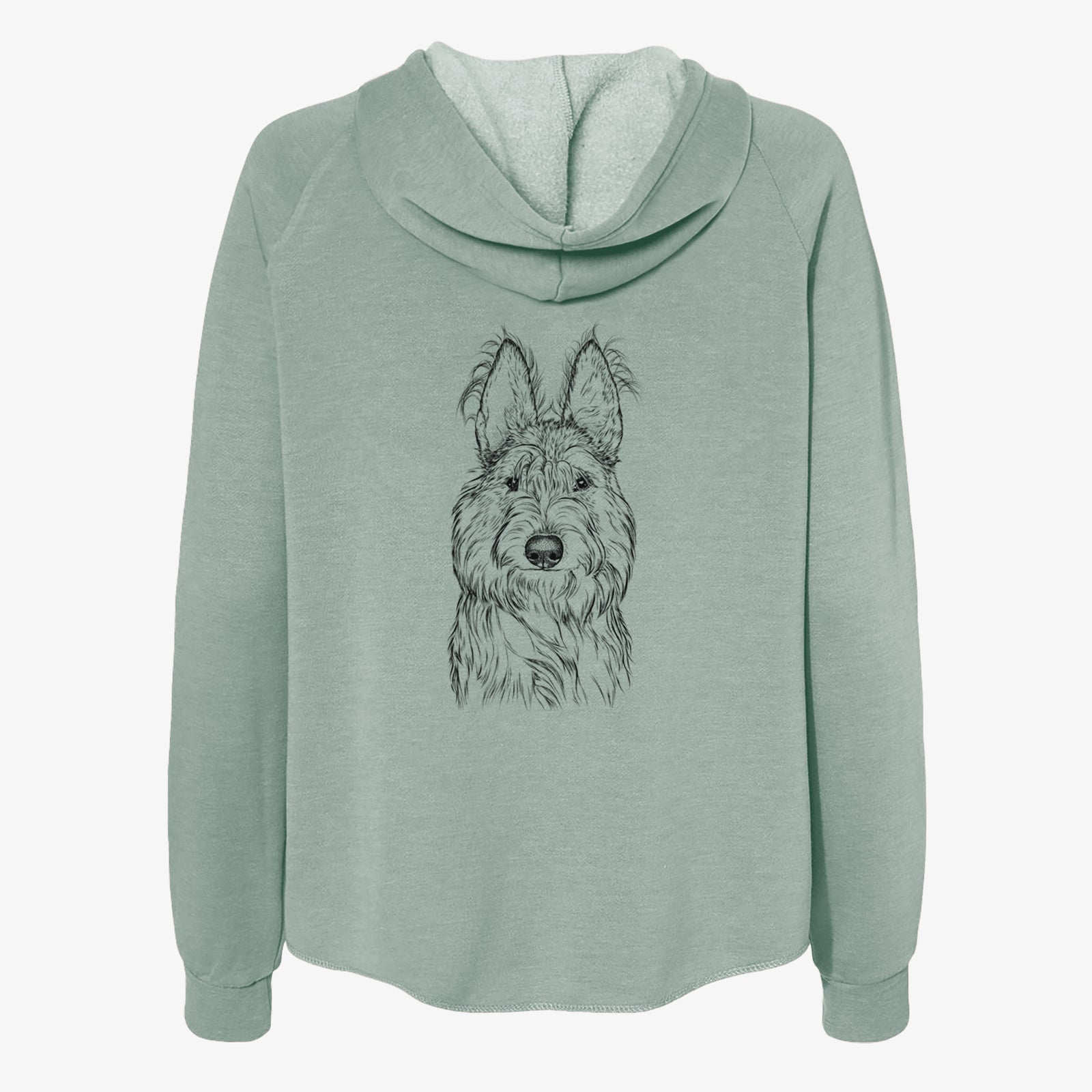Hand-drawn sketch of Luna the Berger Picard on a Sage Women's cali wave zip-up sweatshirt