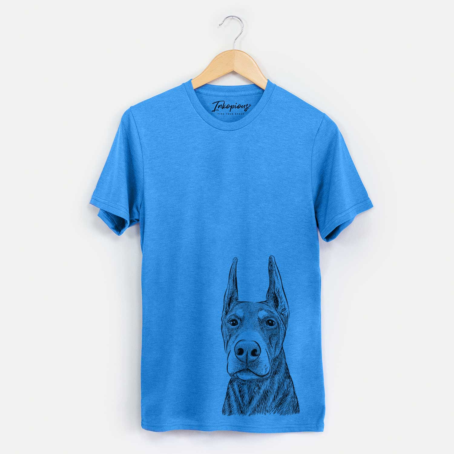 Hand-drawn sketch of Luna the Doberman Pinscher on a Blue Unisex crewneck