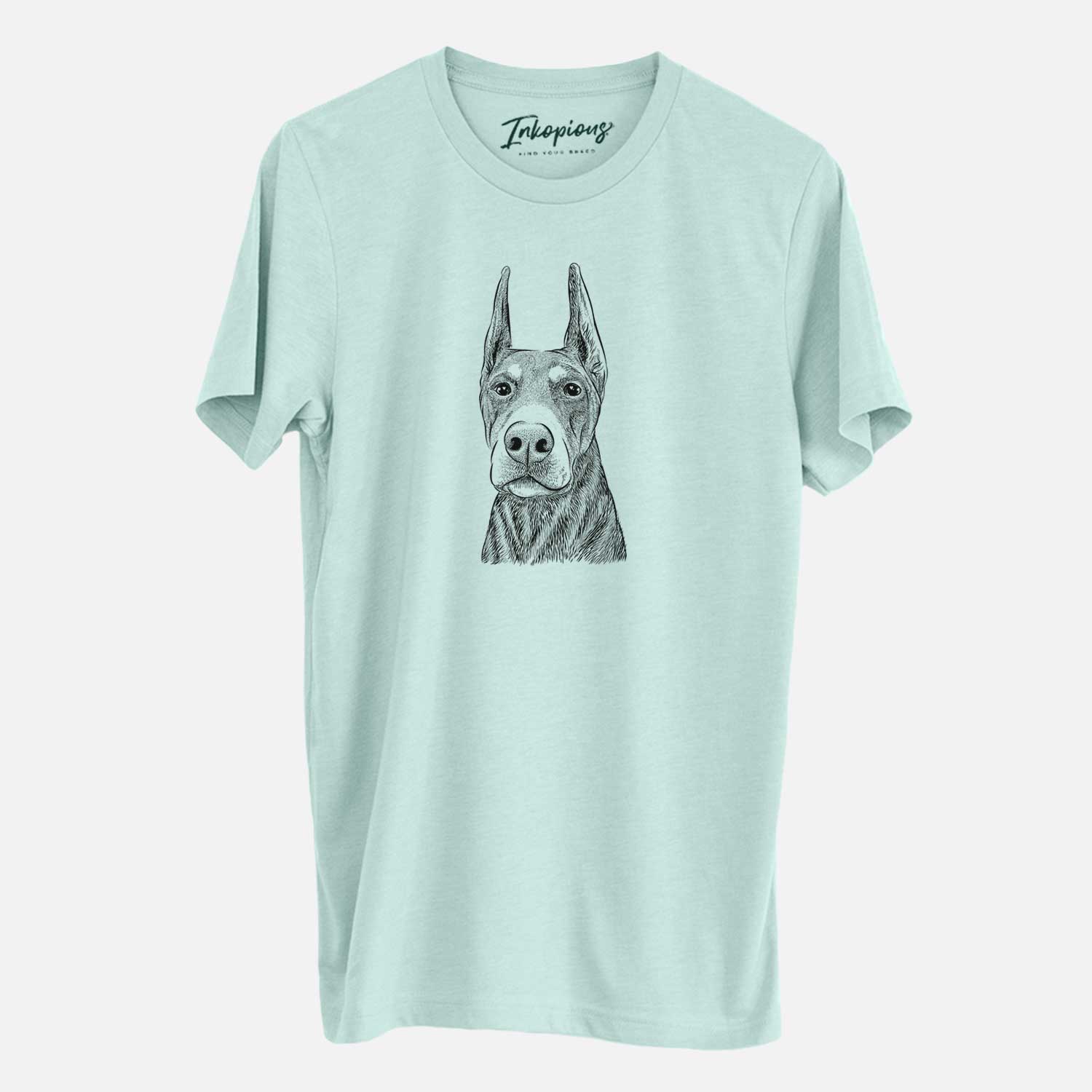 Hand-drawn sketch of Luna the Doberman Pinscher on a Heather Sage Unisex crewneck