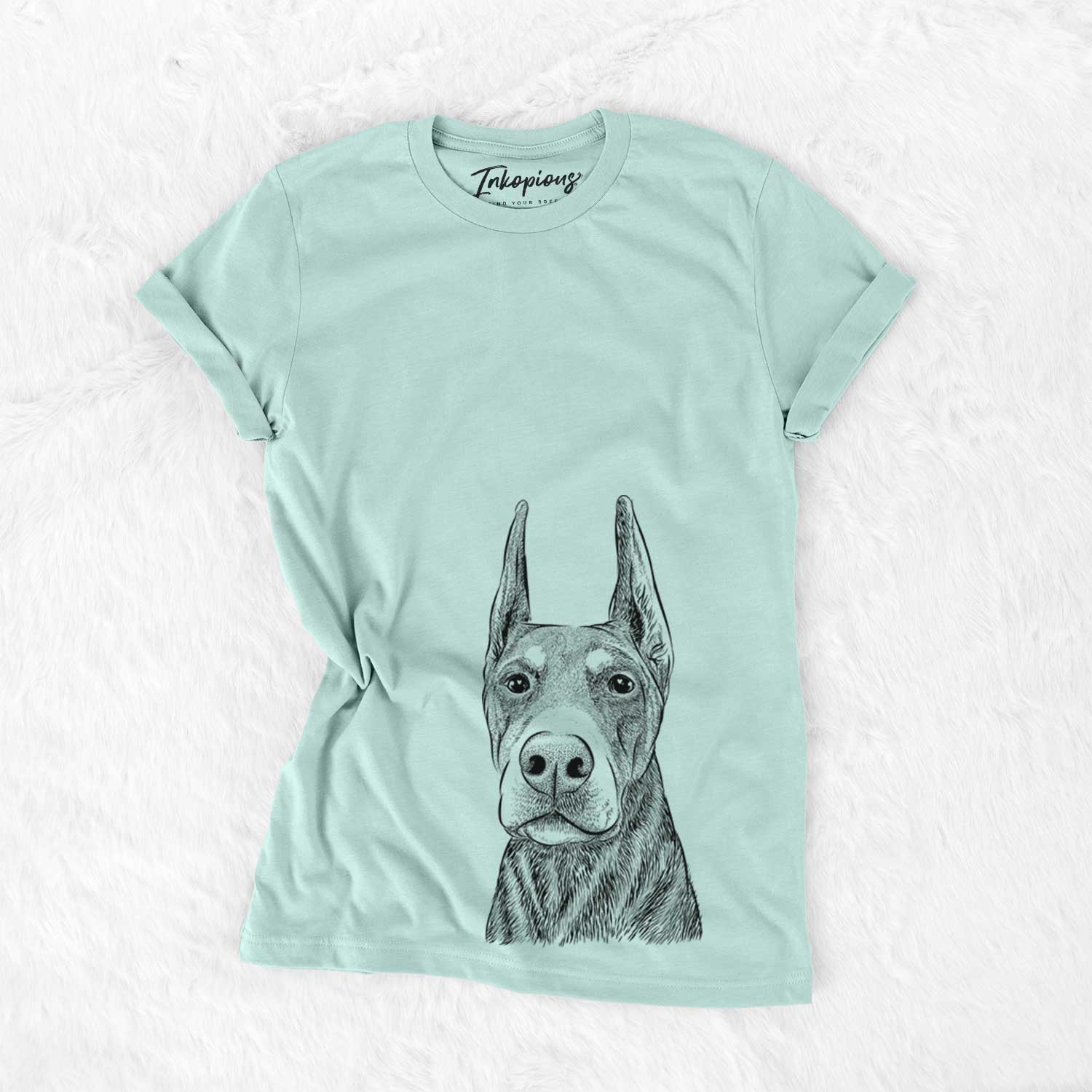 Hand-drawn sketch of Luna the Doberman Pinscher on a Heather Sage Bella Canvas Unisex Crewneck