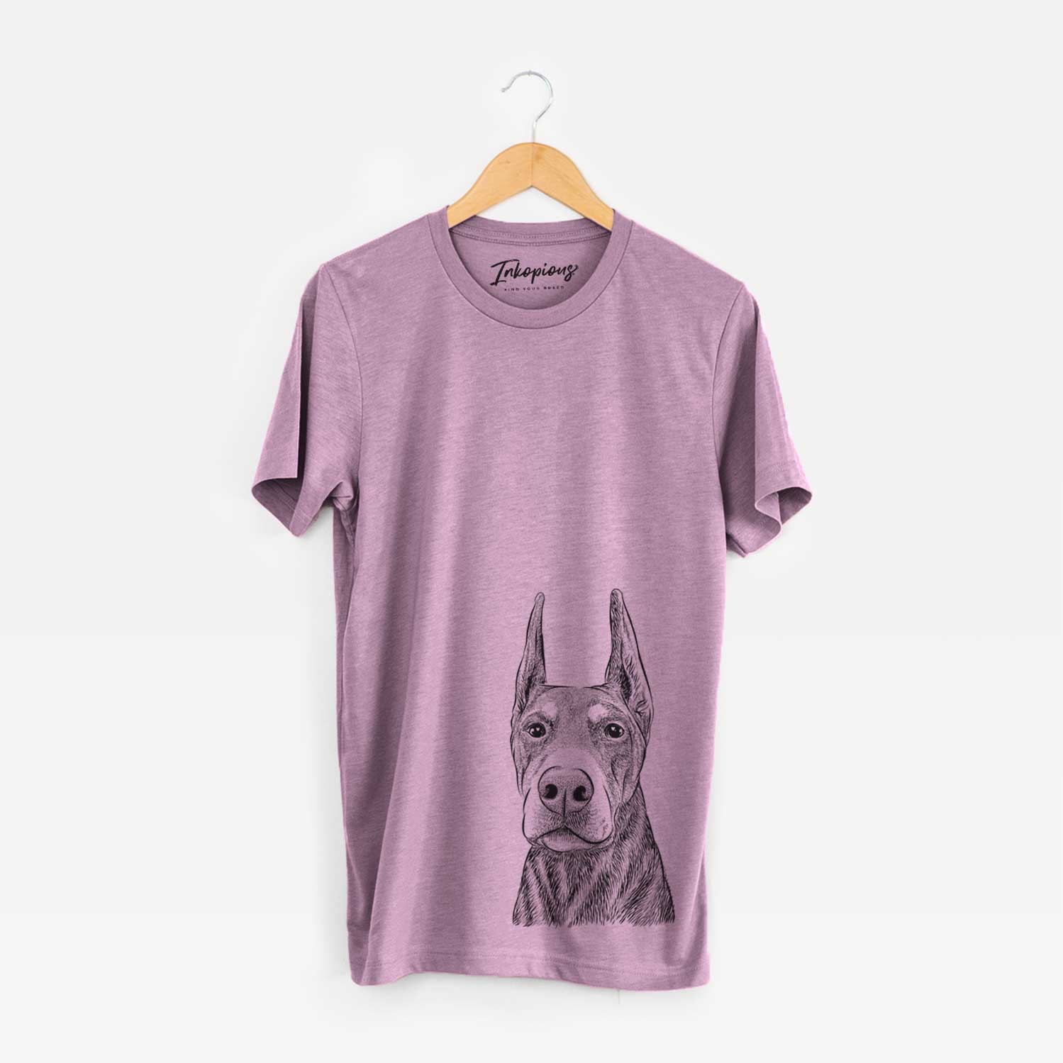 Hand-drawn sketch of Luna the Doberman Pinscher on an Orchid Bella Canvas Unisex Crewneck