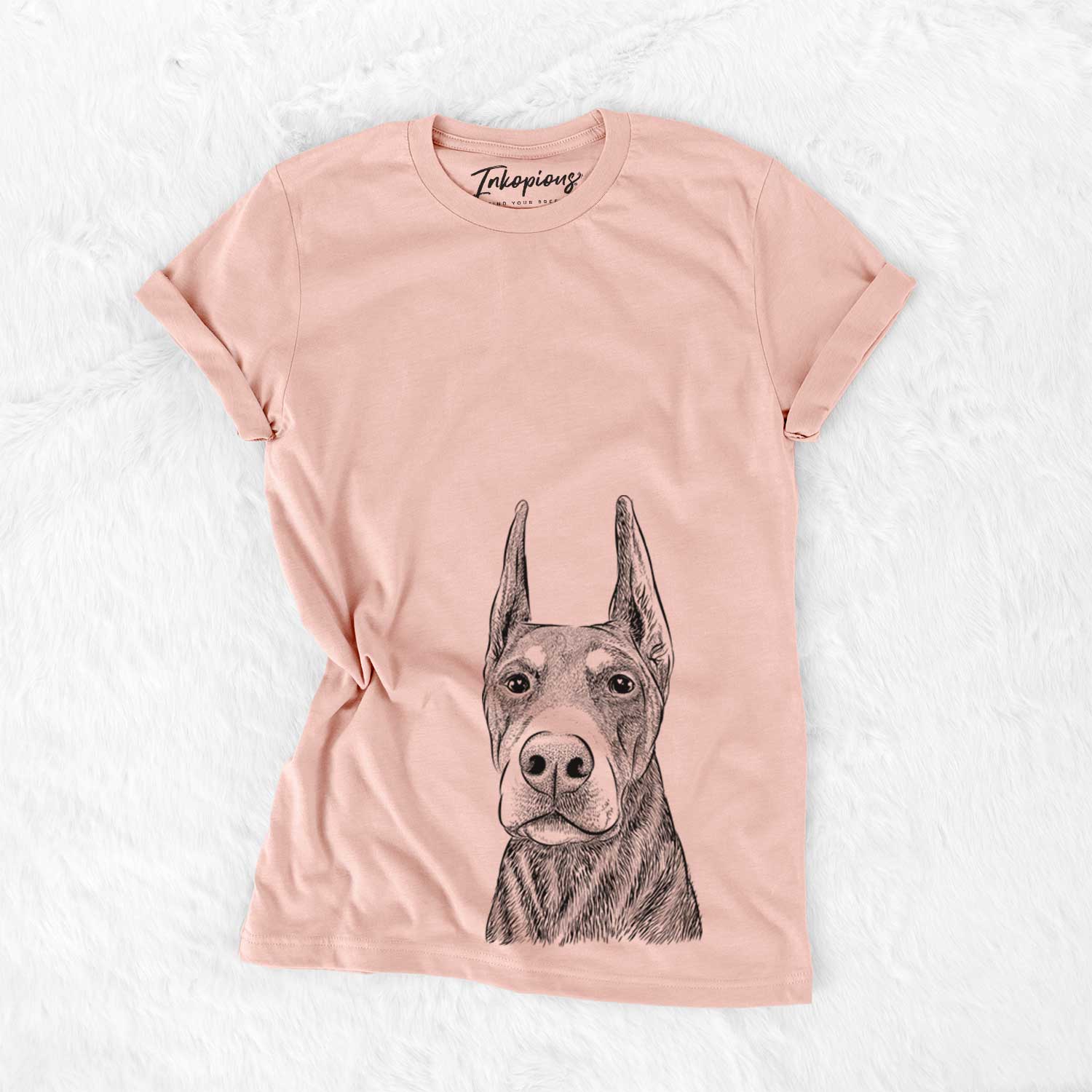 Hand-drawn sketch of Luna the Doberman Pinscher on a Peach Bella Canvas Unisex Crewneck
