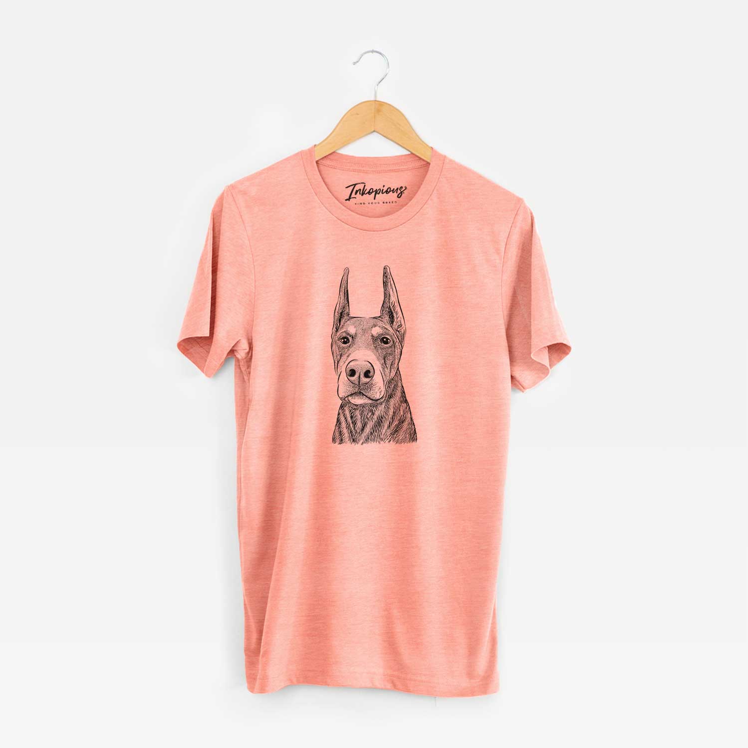 Hand-drawn sketch of Luna the Doberman Pinscher on a Sunset Unisex crewneck