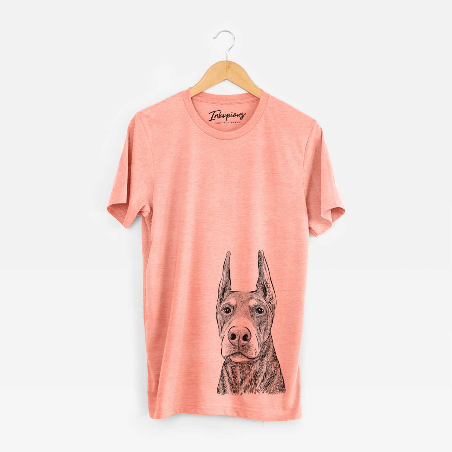 Hand-drawn sketch of Luna the Doberman Pinscher on a Sunset Unisex crewneck