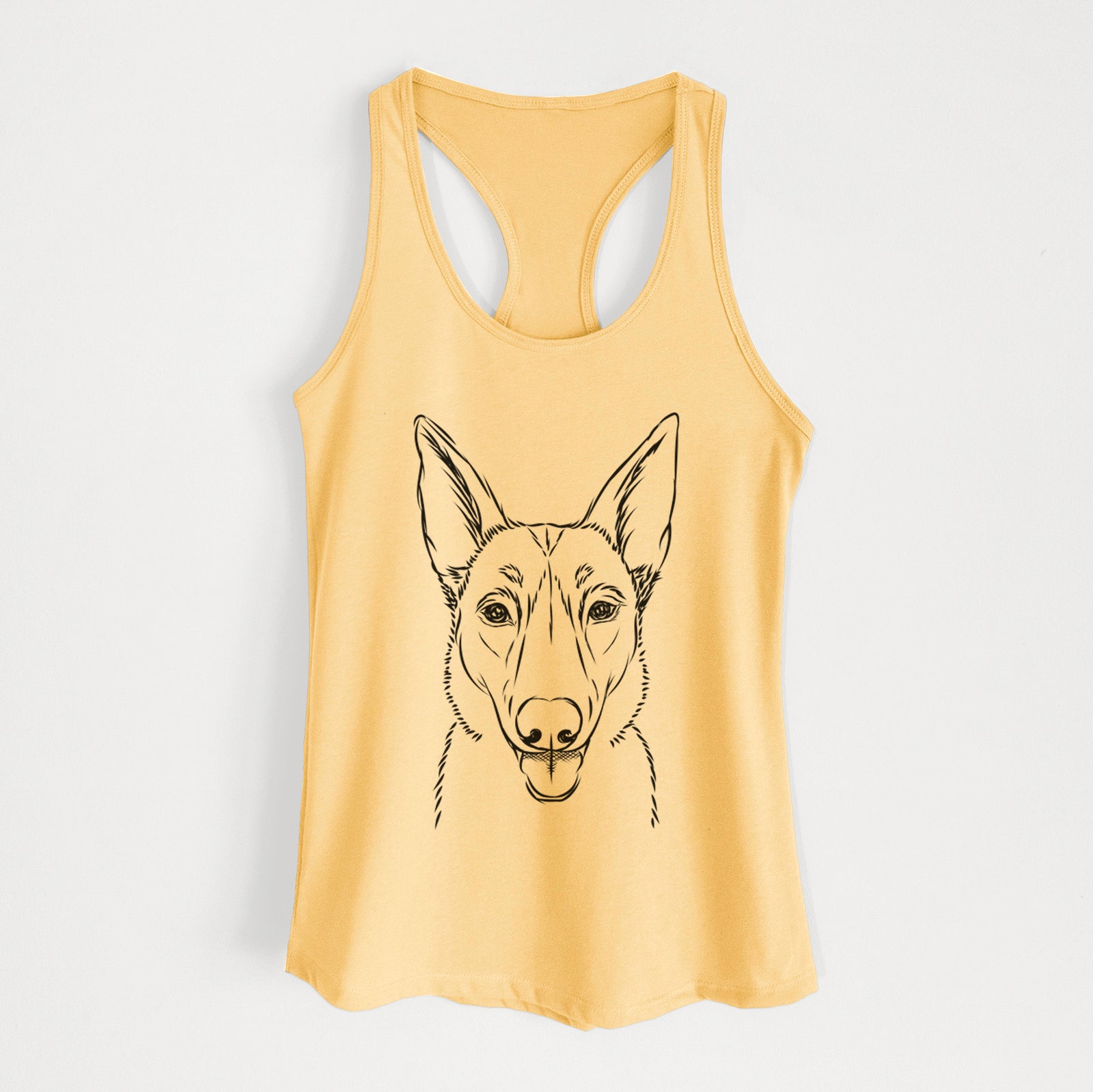 Hand-drawn sketch of Lyric the Belgian Malinois on a Banana Cream Women's racerback tanktop