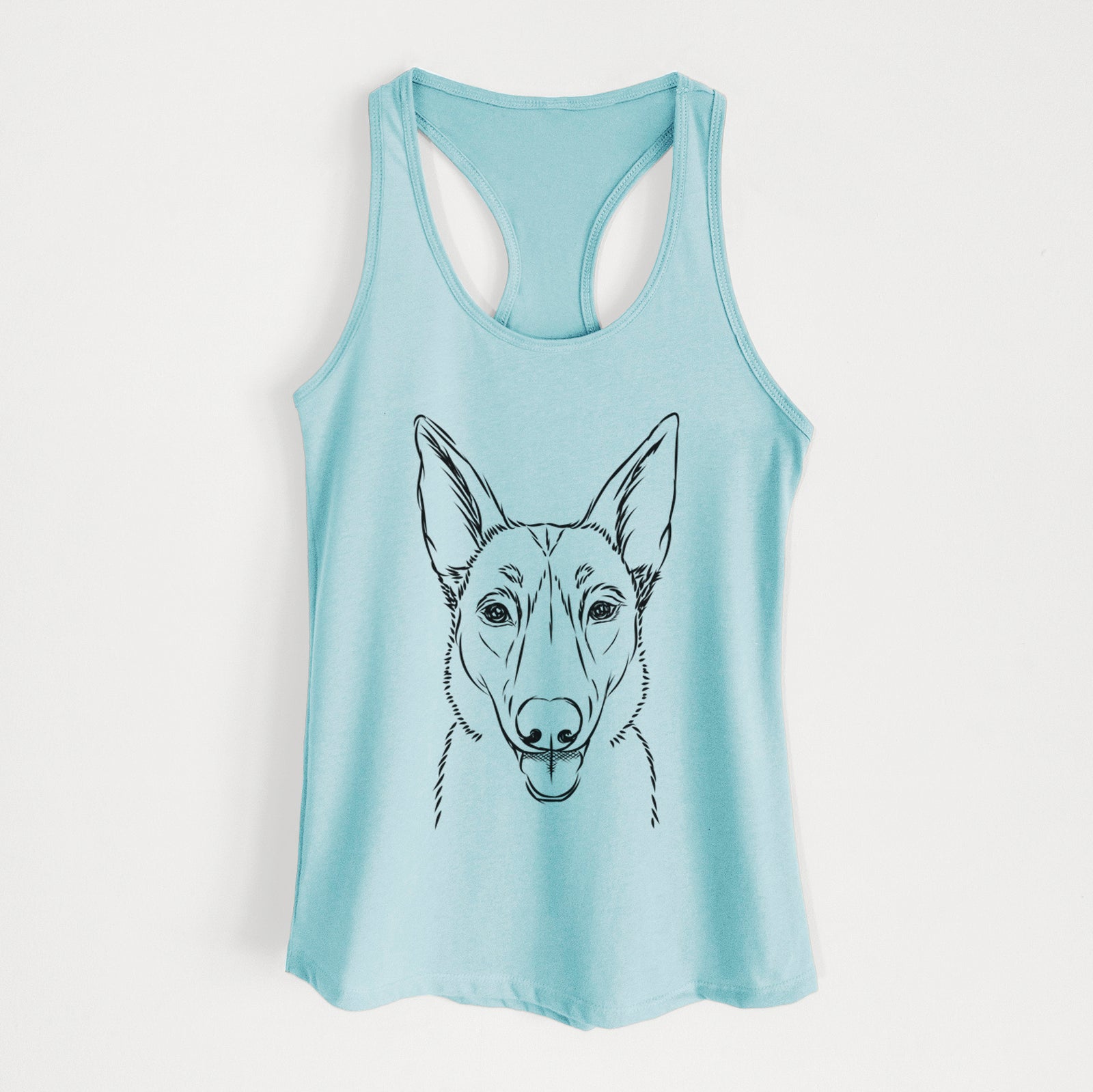 Hand-drawn sketch of Lyric the Belgian Malinois on a Cancun Blue Women's racerback tanktop