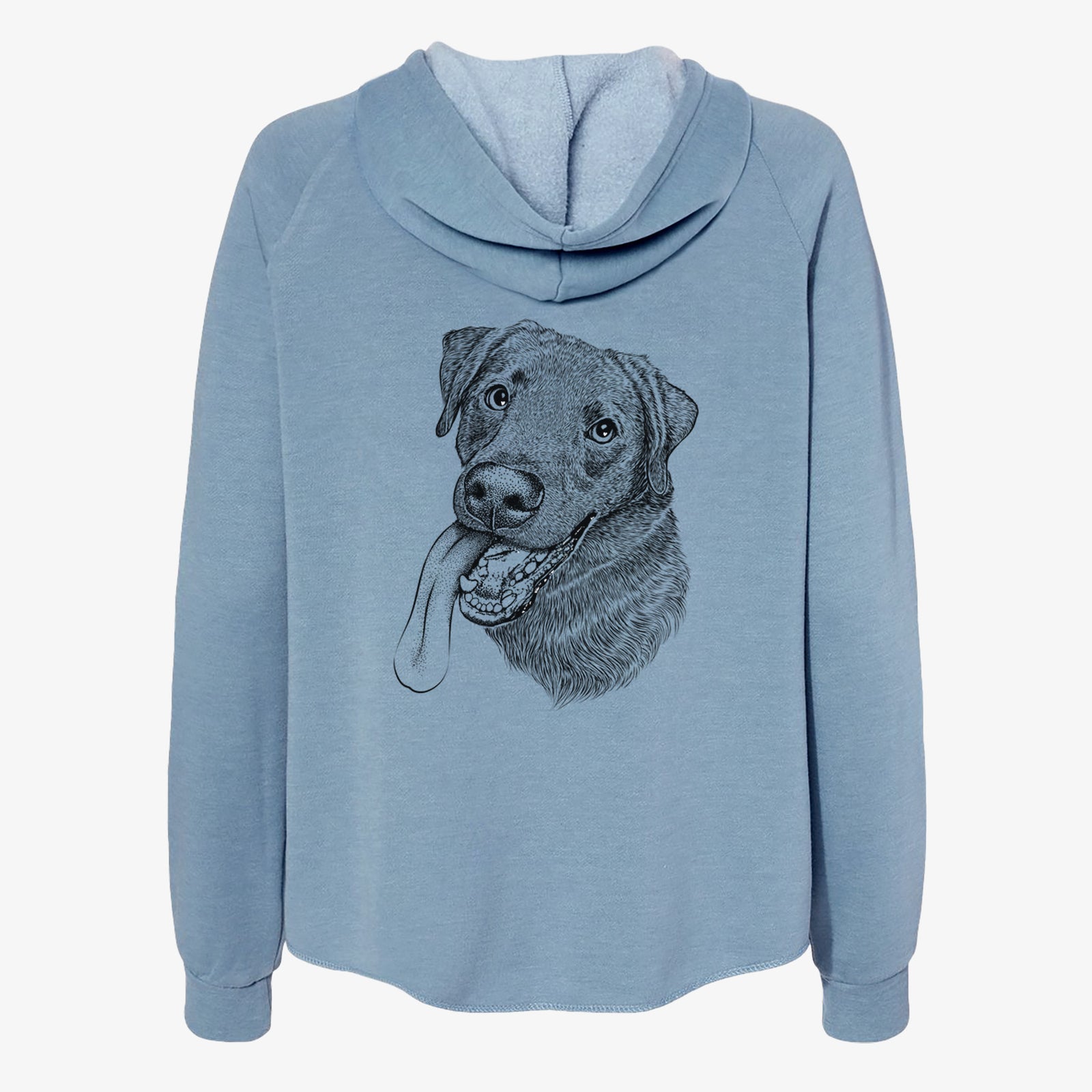 Hand-drawn sketch of Macaroni the Lab Mix on a Misty Blue Women's cali wave zip-up sweatshirt