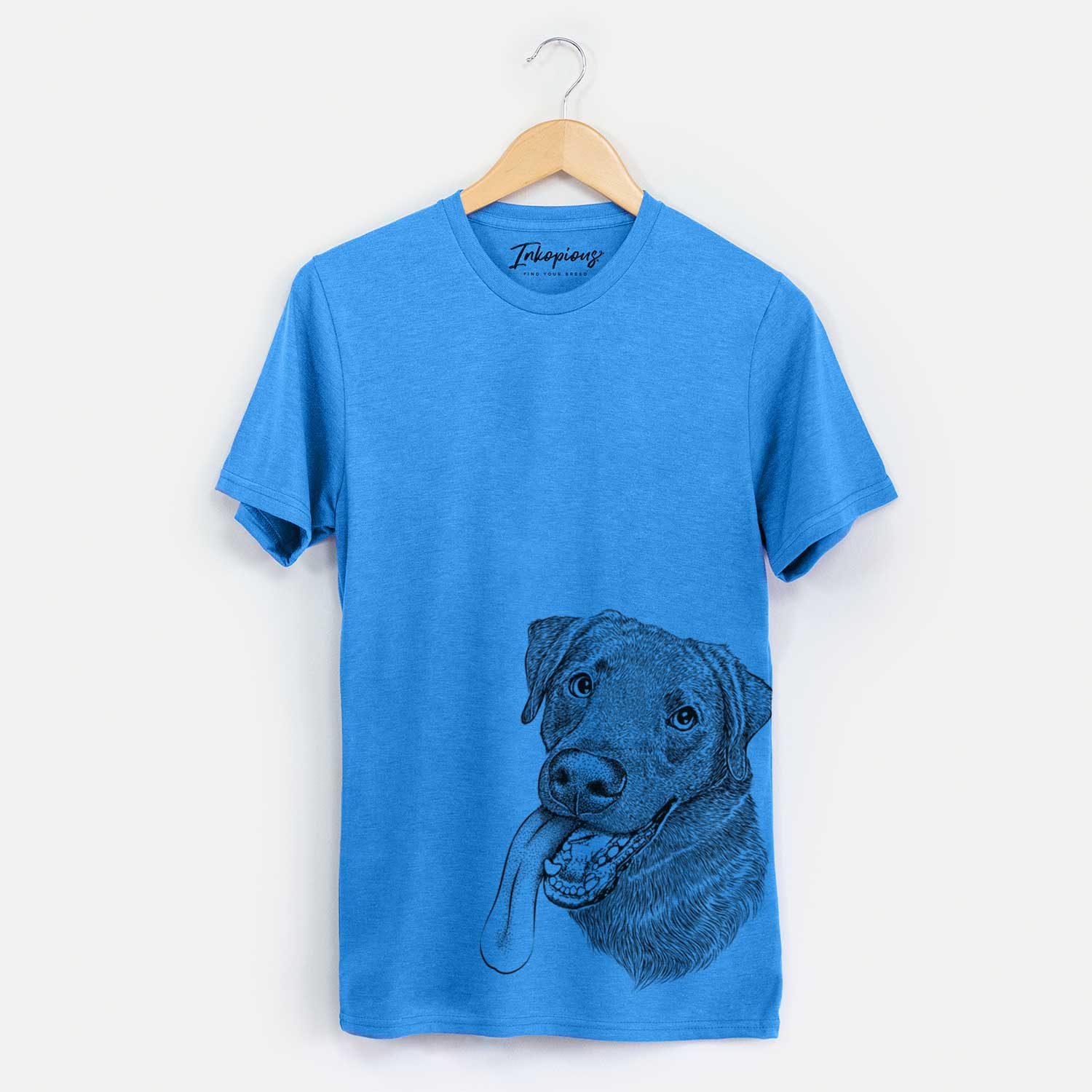 Hand-drawn sketch of Macaroni the Lab Mix on a Blue Unisex crewneck