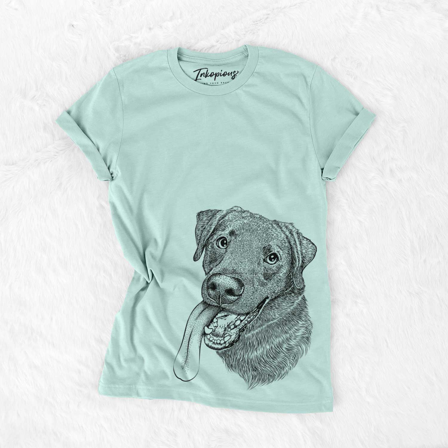 Hand-drawn sketch of Macaroni the Lab Mix on a Heather Sage Unisex crewneck