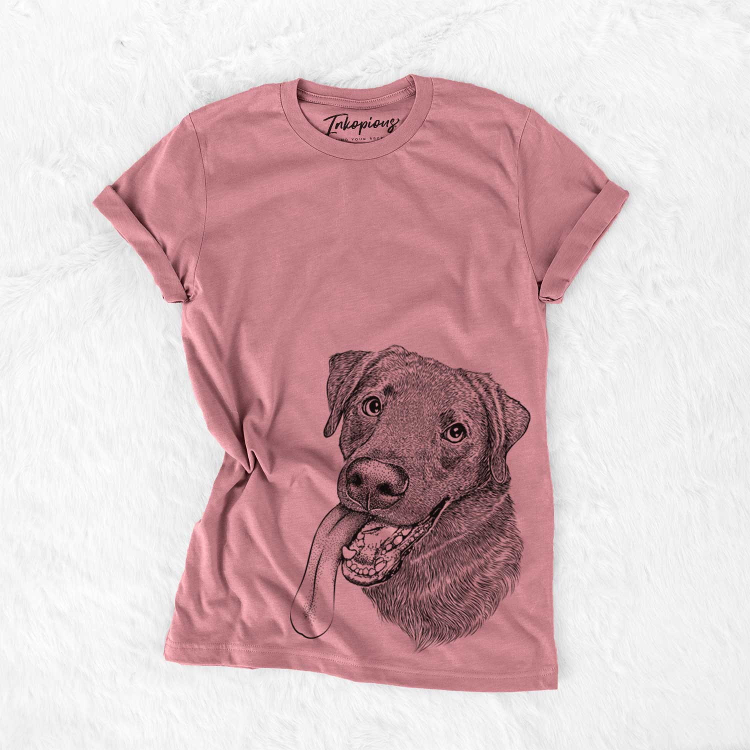 Hand-drawn sketch of Macaroni the Lab Mix on a Mauve Unisex crewneck