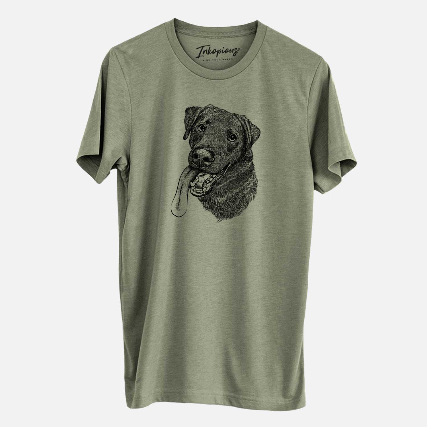 Hand-drawn sketch of Macaroni the Lab Mix on an Olive Unisex crewneck