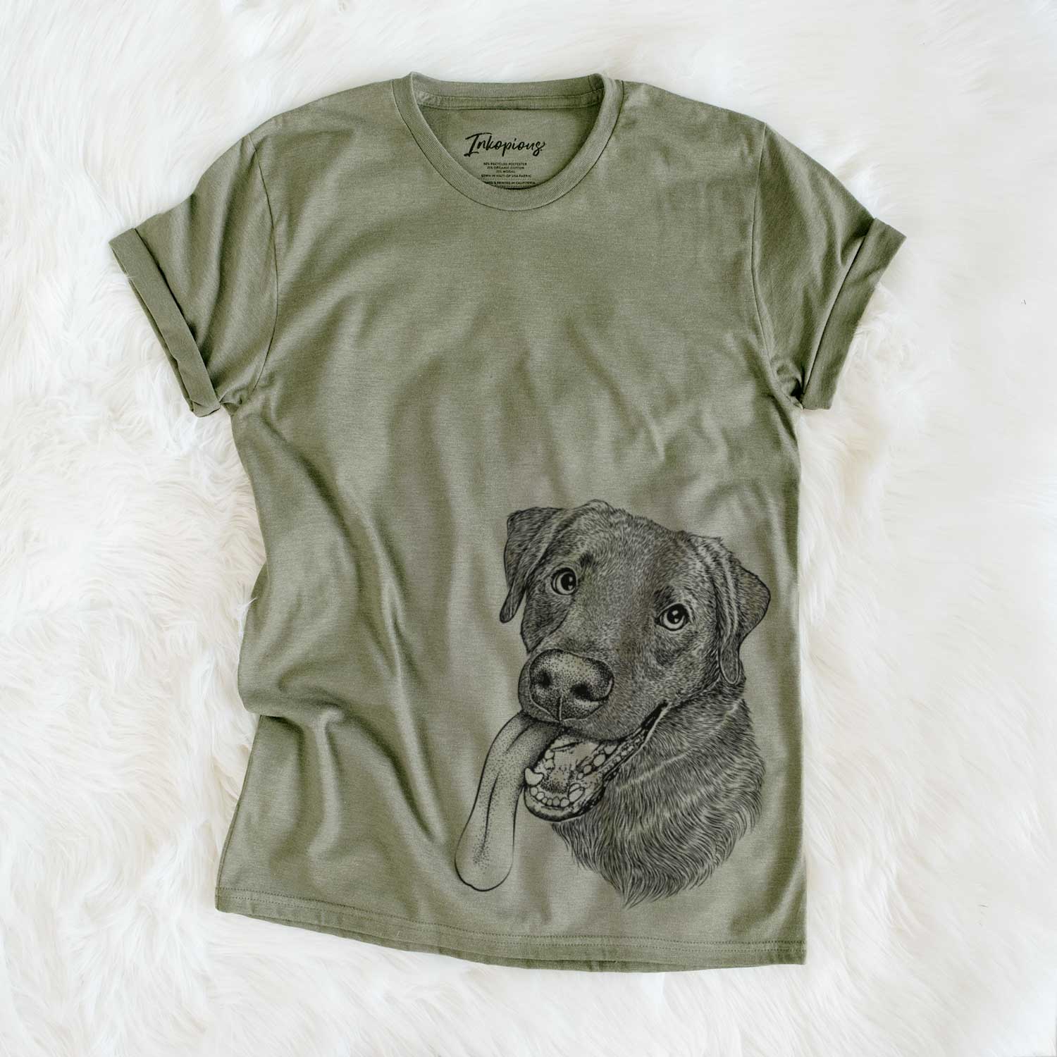Hand-drawn sketch of Macaroni the Lab Mix on an Olive Unisex crewneck
