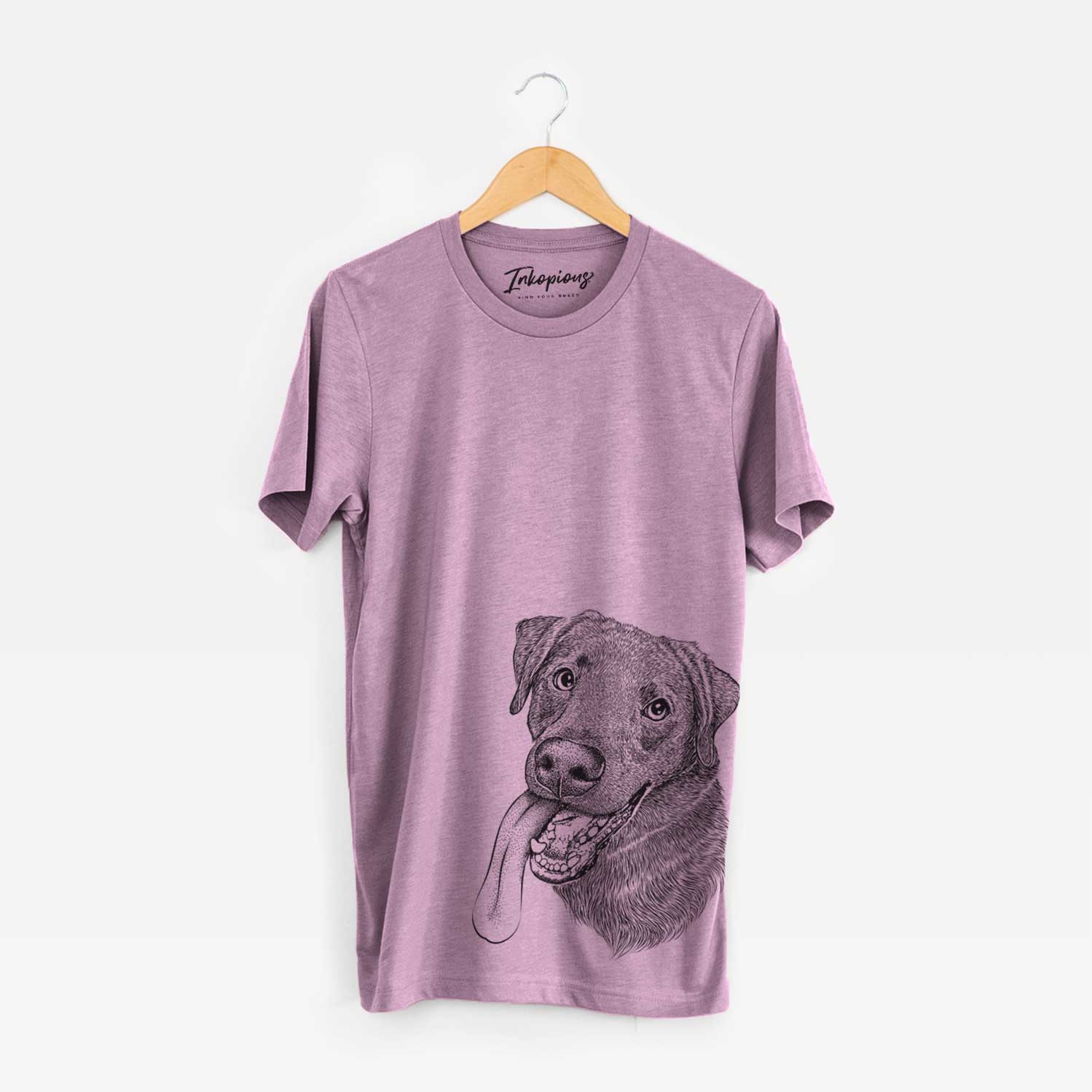 Hand-drawn sketch of Macaroni the Lab Mix on an Orchid Unisex crewneck